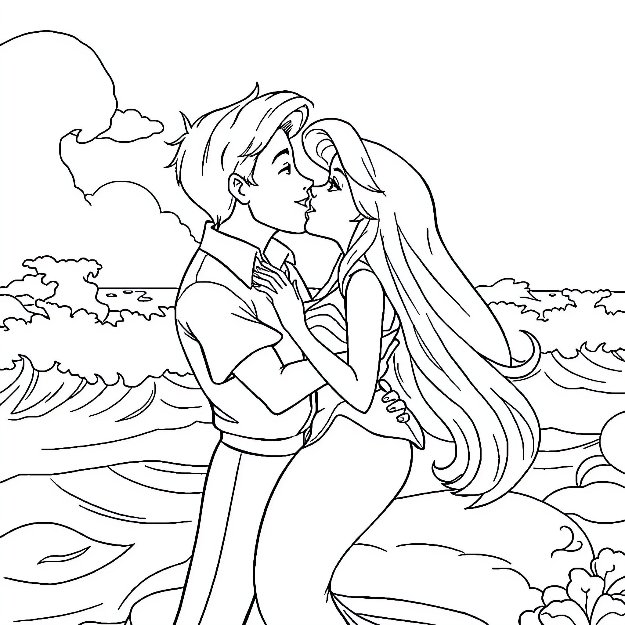 Ariel and Prince Eric's romantic embrace by the sea Coloring Page (free black-and-white line drawing printable PDF for all, from beginners to advanced learners, including children, teens, adults, and seniors)