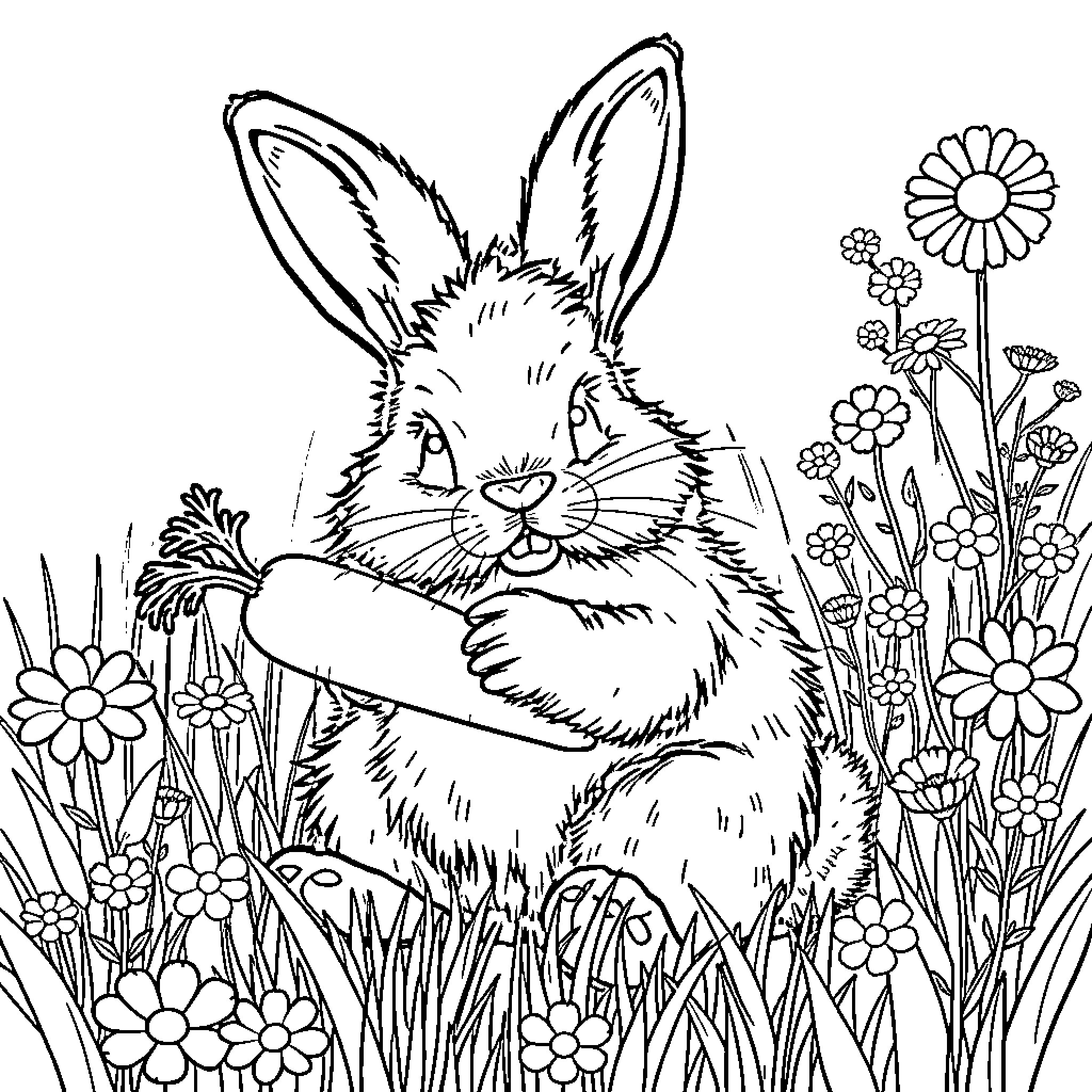 Bunny sitting in a flower field Coloring Page (free black-and-white line drawing printable PDF for all, from beginners to advanced learners, including children, teens, adults, and seniors)
