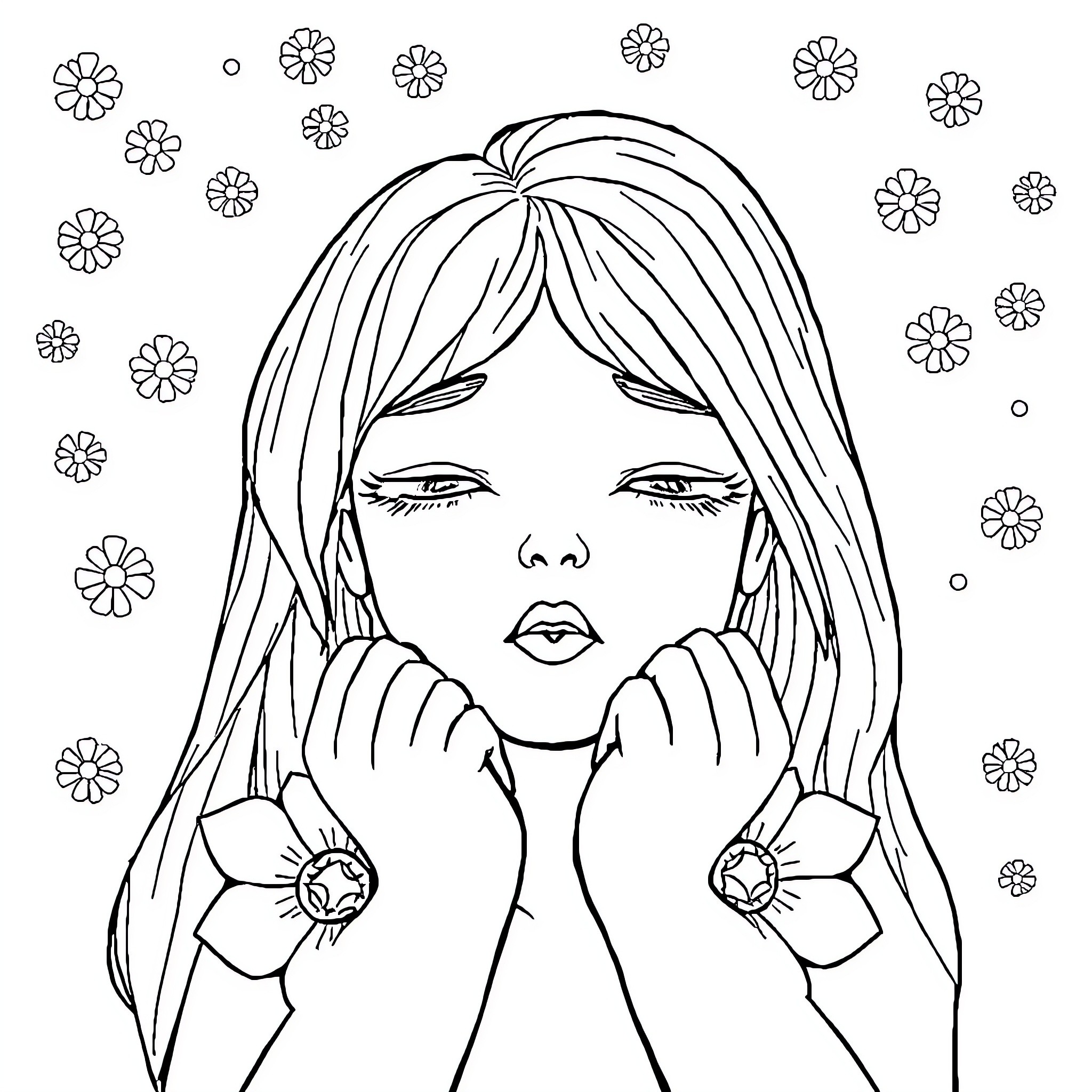 Woman with floral elements surrounding her Coloring Page (free black-and-white line drawing printable PDF for all, from beginners to advanced learners, including children, teens, adults, and seniors)