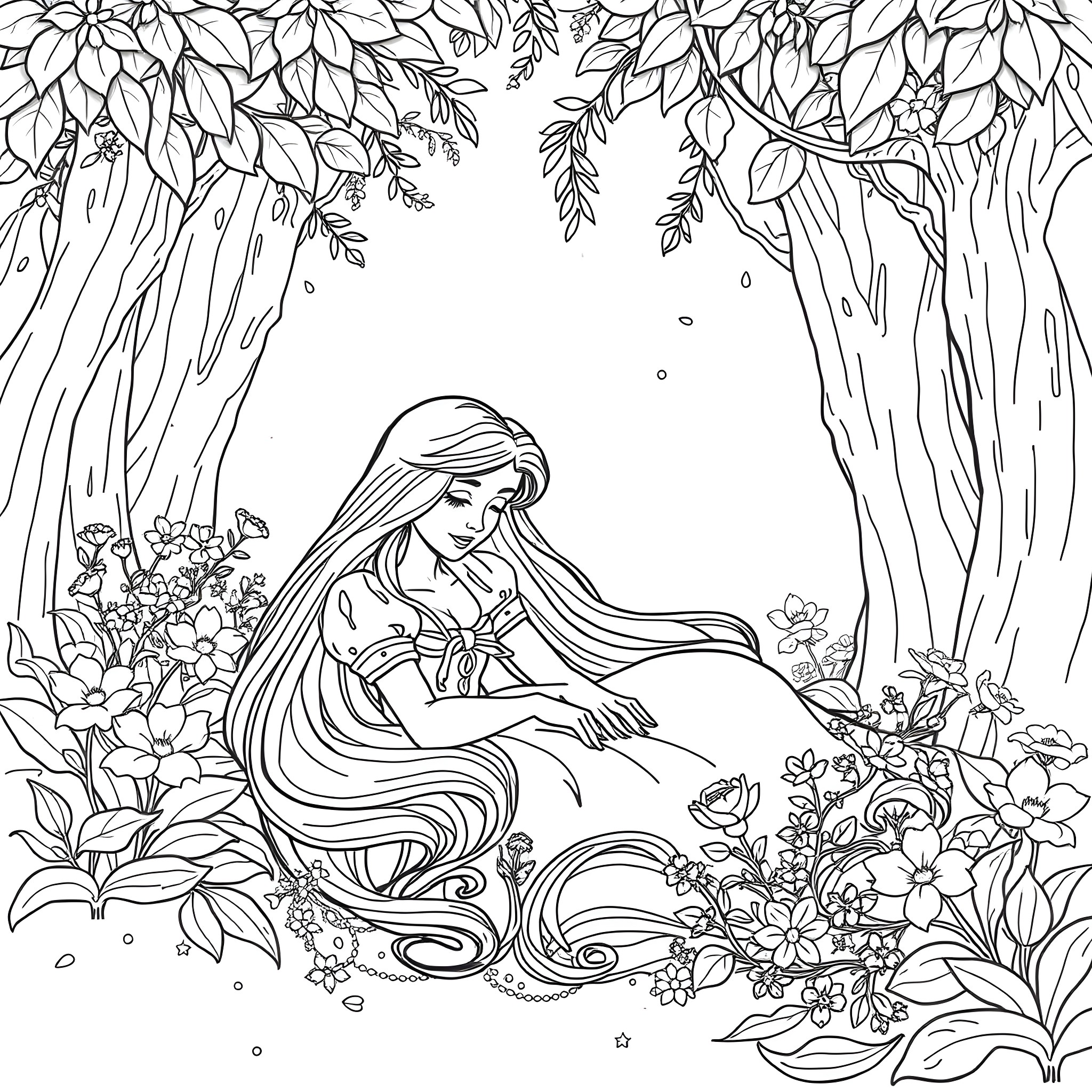 Sleeping Beauty resting peacefully in a lush floral garden Coloring Page (free black-and-white line drawing printable PDF for all, from beginners to advanced learners, including children, teens, adults, and seniors)