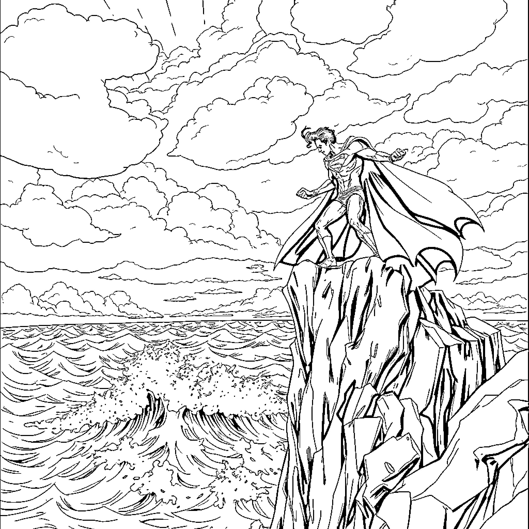 Superman soaring through dramatic skies over stormy ocean Coloring Page (free black-and-white line drawing printable PDF for all, from beginners to advanced learners, including children, teens, adults, and seniors)