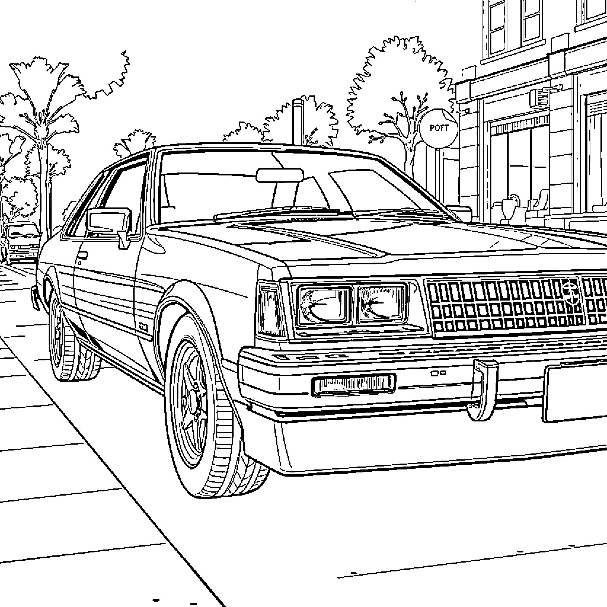 Holden car cruising down the street Coloring Page (free black-and-white line drawing printable PDF for all, from beginners to advanced learners, including children, teens, adults, and seniors)