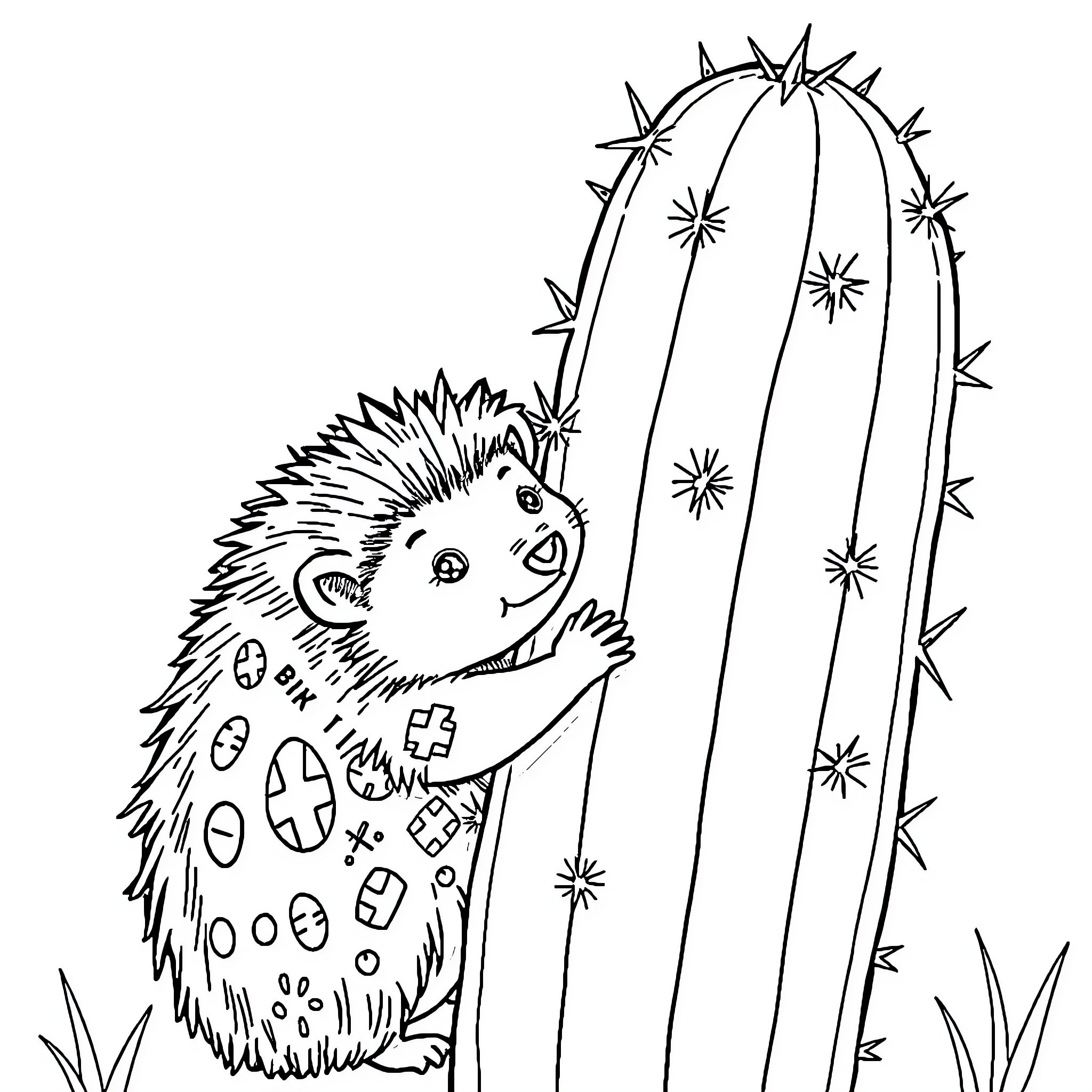 Hedgehog exploring the cactus field Coloring Page (free black-and-white line drawing printable PDF for all, from beginners to advanced learners, including children, teens, adults, and seniors)