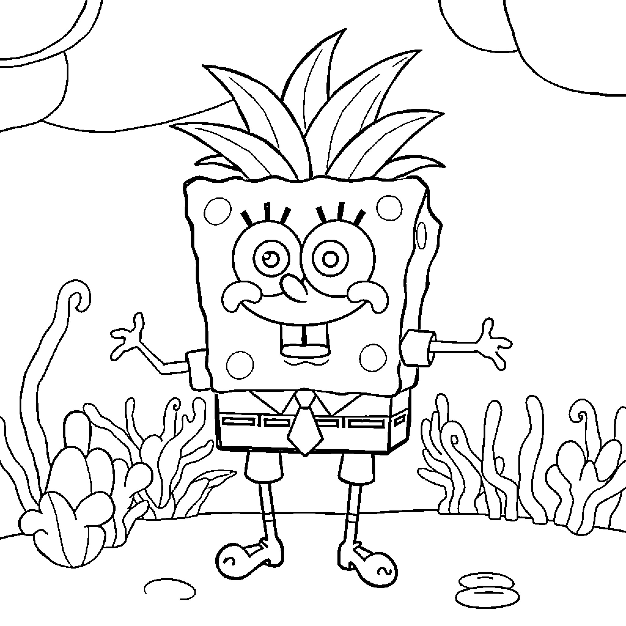 Spongebob happily exploring the underwater world Coloring Page (free black-and-white line drawing printable PDF for all, from beginners to advanced learners, including children, teens, adults, and seniors)