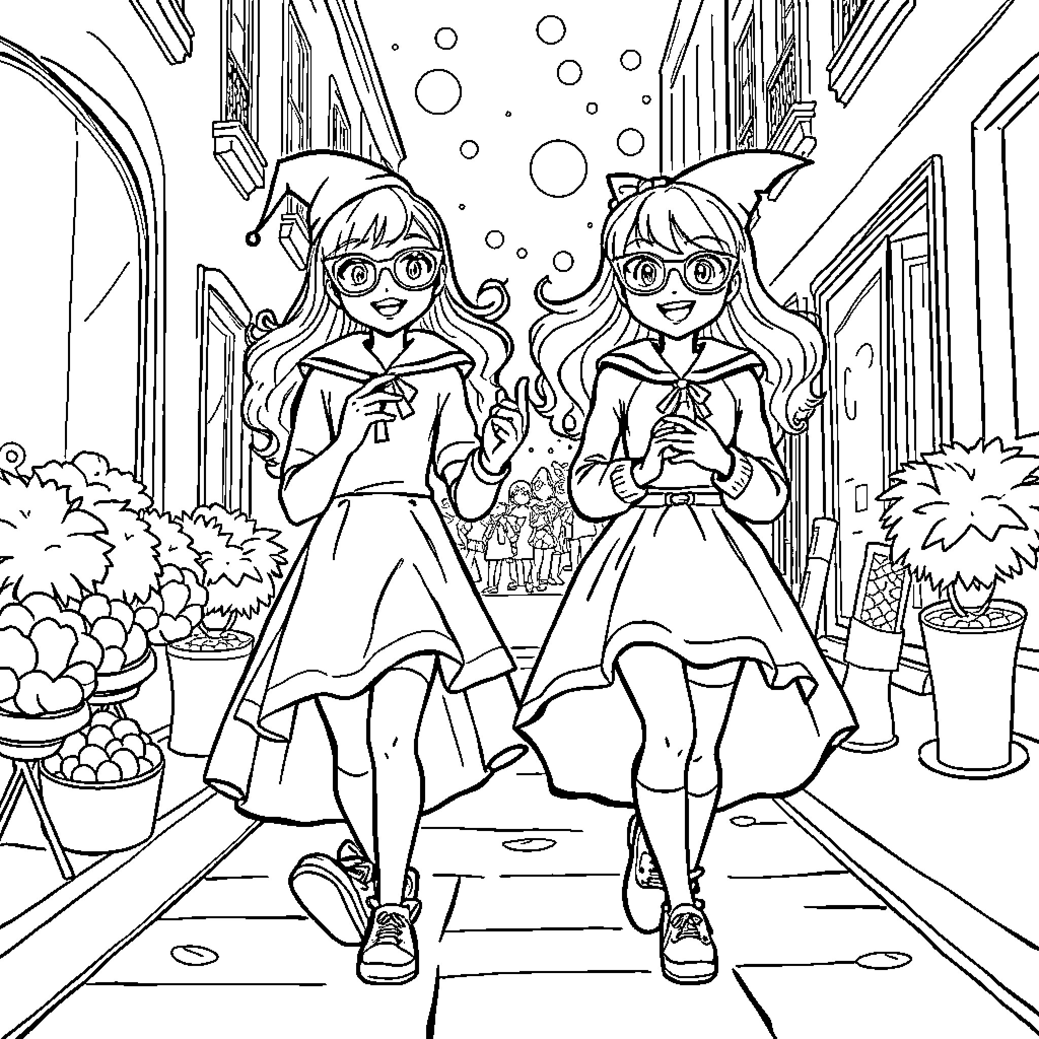 Filles walking down the street happily Coloring Page (free black-and-white line drawing printable PDF for all, from beginners to advanced learners, including children, teens, adults, and seniors)