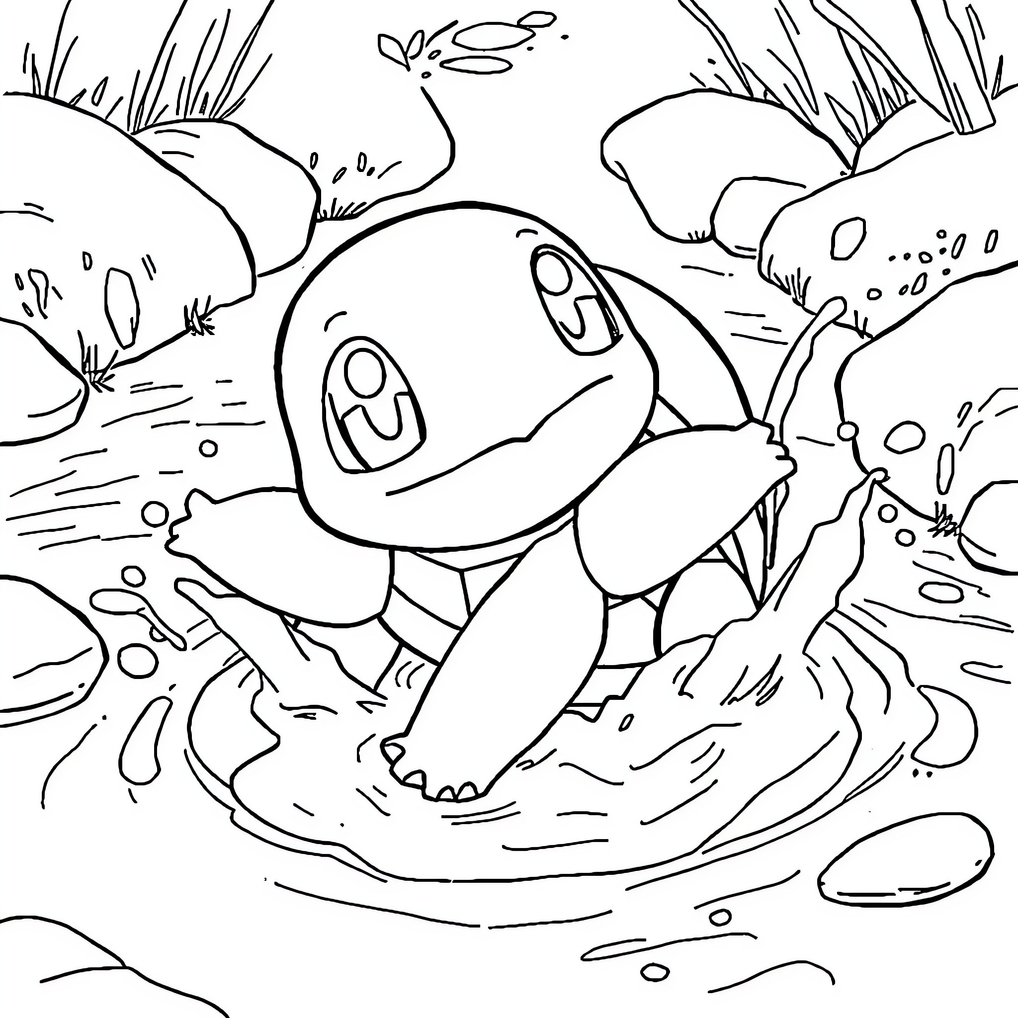 Squirtle splashing in a pond Coloring Page (free black-and-white line drawing printable PDF for all, from beginners to advanced learners, including children, teens, adults, and seniors)