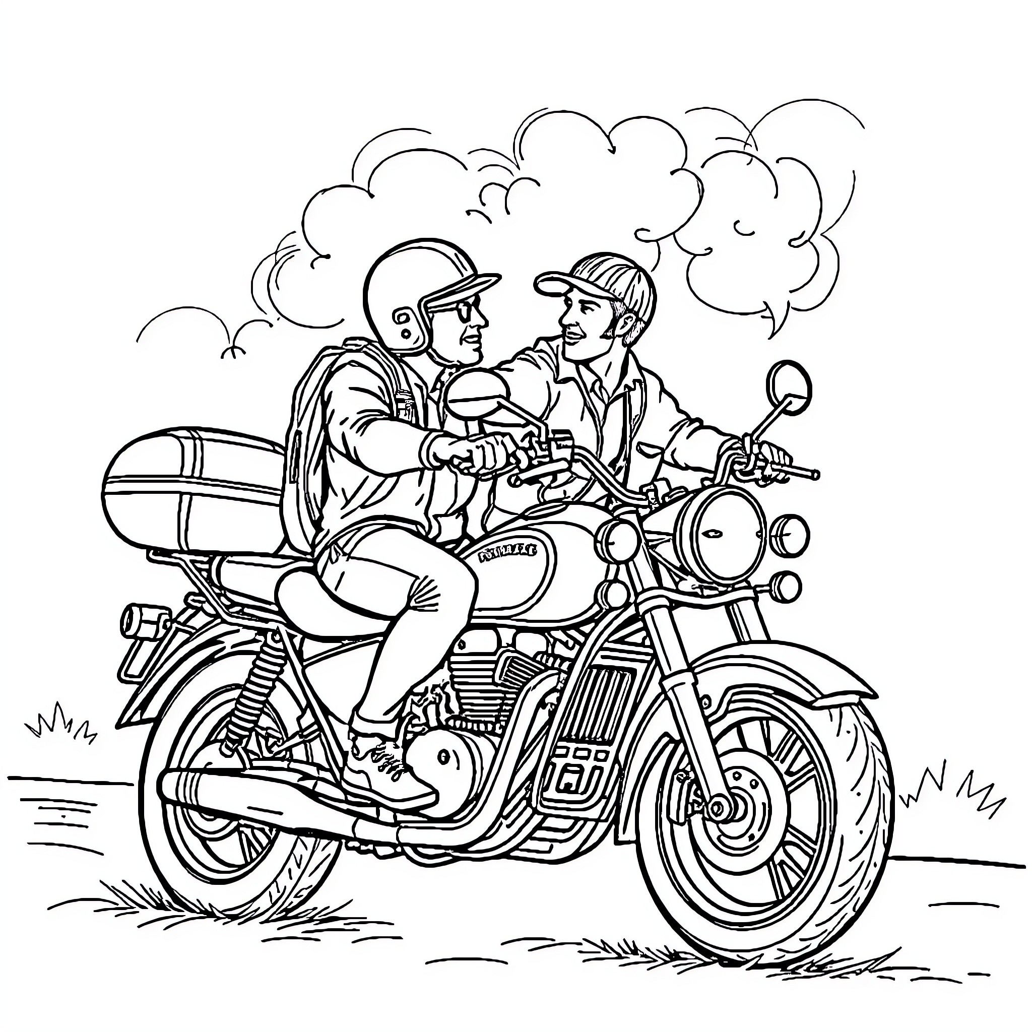 Cat Riders on Motorcycle Adventure Coloring Page (free black-and-white line drawing printable PDF for all, from beginners to advanced learners, including children, teens, adults, and seniors)