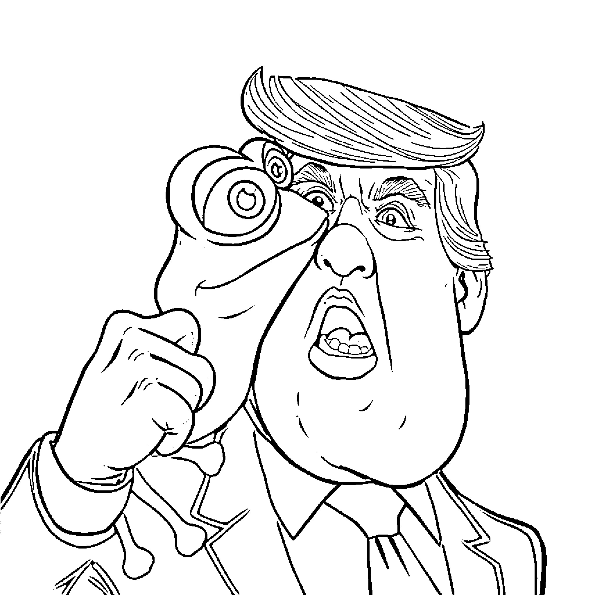 Frog peering at a concerned-looking man Coloring Page (free black-and-white line drawing printable PDF for all, from beginners to advanced learners, including children, teens, adults, and seniors)