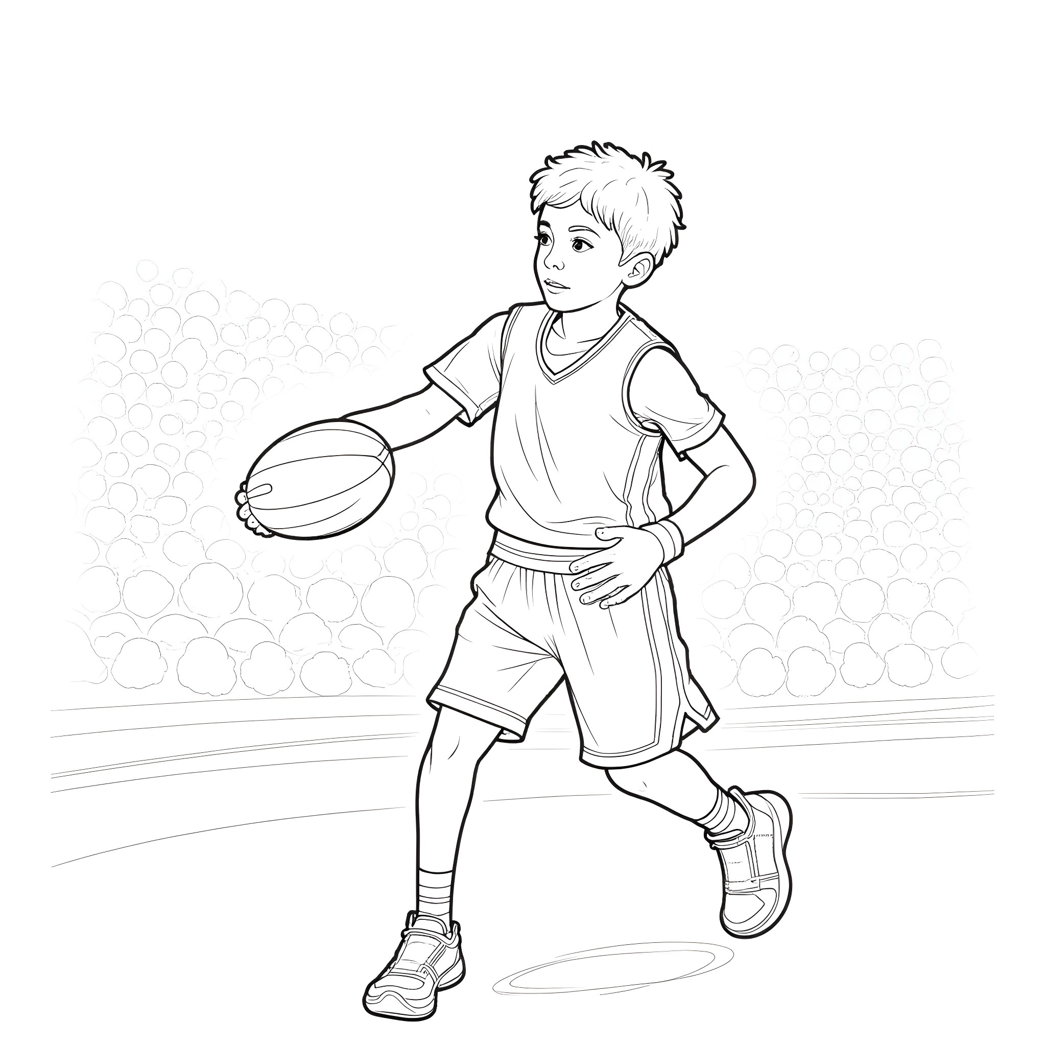 Boy playing basketball on the court Coloring Page (free black-and-white line drawing printable PDF for all, from beginners to advanced learners, including children, teens, adults, and seniors)