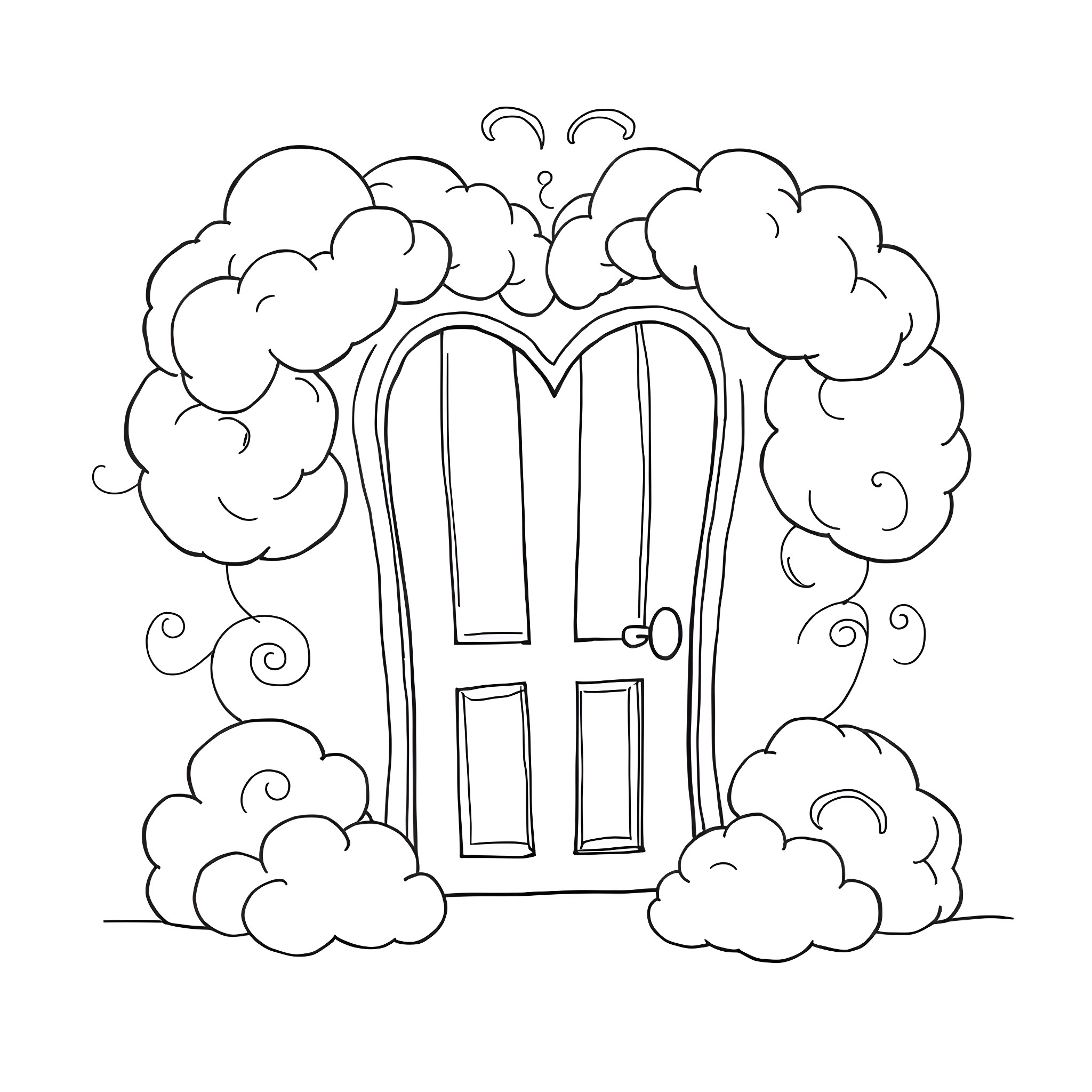 Heart-shaped door in the clouds Coloring Page (free black-and-white line drawing printable PDF for all, from beginners to advanced learners, including children, teens, adults, and seniors)