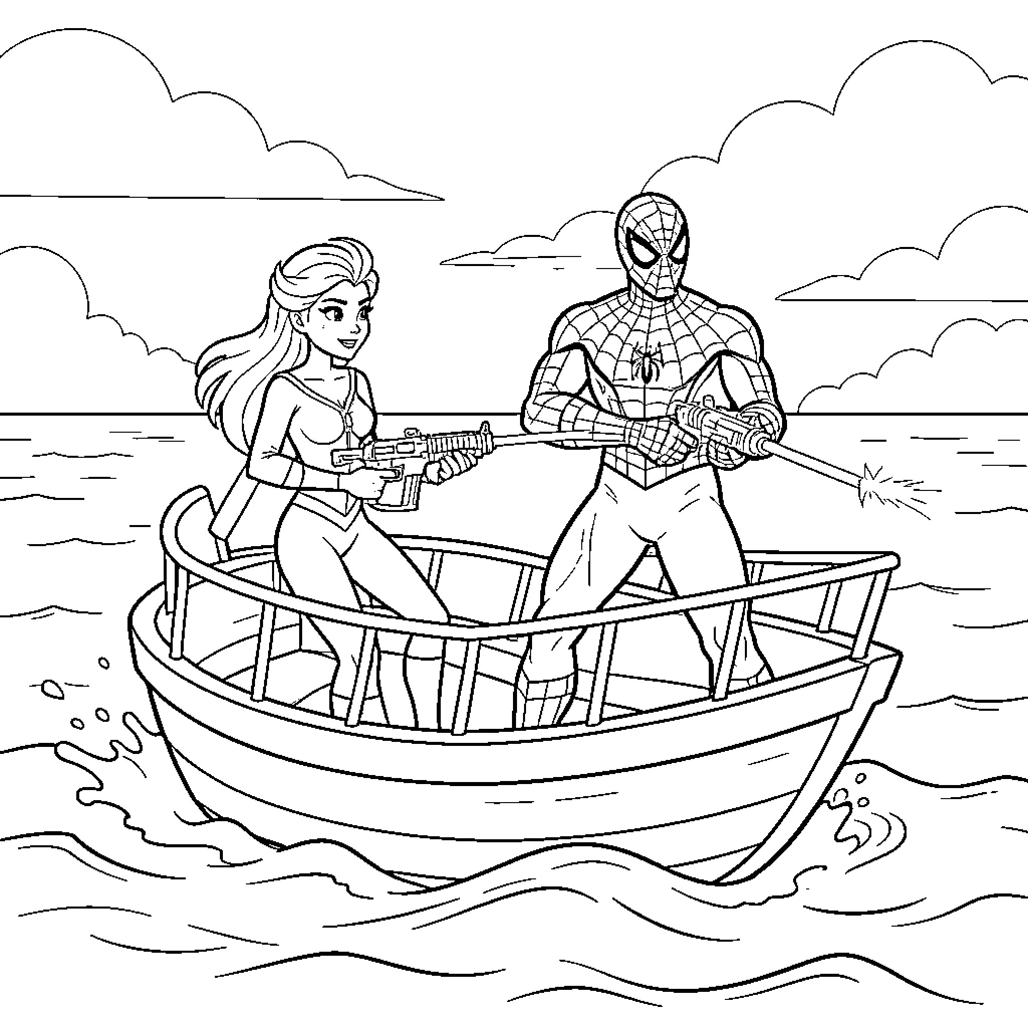 Elsa and Spider-Man holding weapons on a boat Coloring Page (free black-and-white line drawing printable PDF for all, from beginners to advanced learners, including children, teens, adults, and seniors)