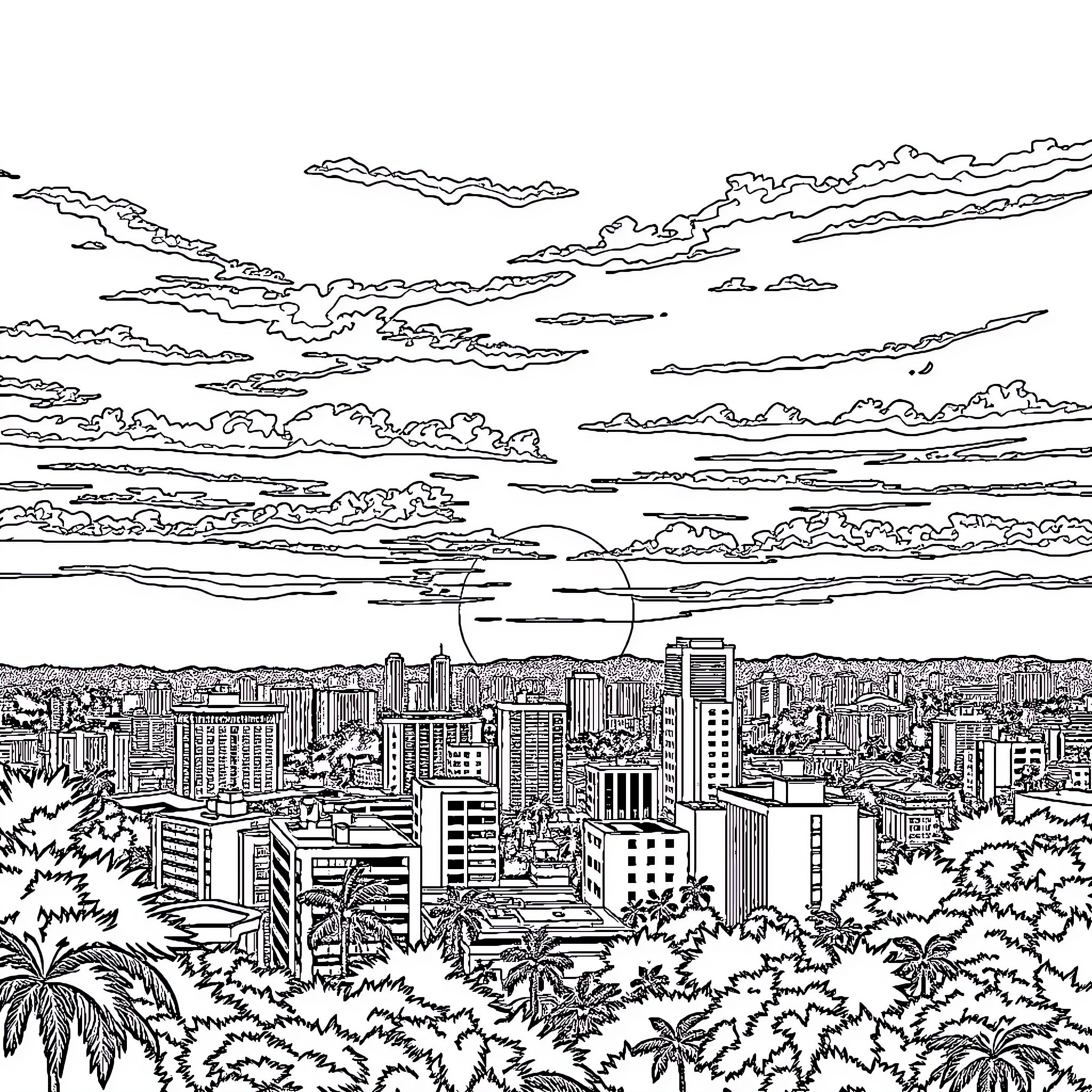 Sunset over the bustling city skyline Coloring Page (free black-and-white line drawing printable PDF for all, from beginners to advanced learners, including children, teens, adults, and seniors)