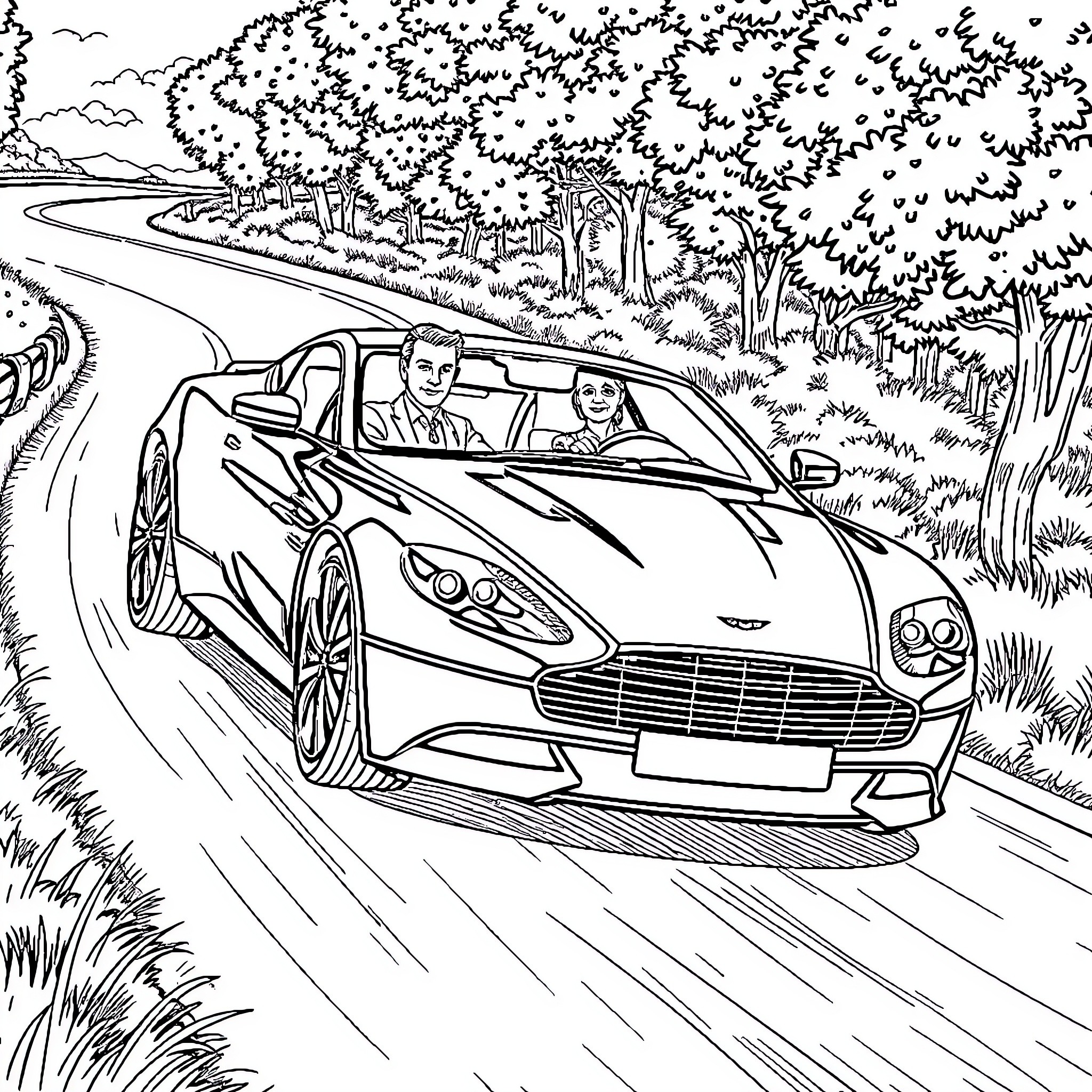 James Bond speeding away in a high-performance sports car Coloring Page (free black-and-white line drawing printable PDF for all, from beginners to advanced learners, including children, teens, adults, and seniors)