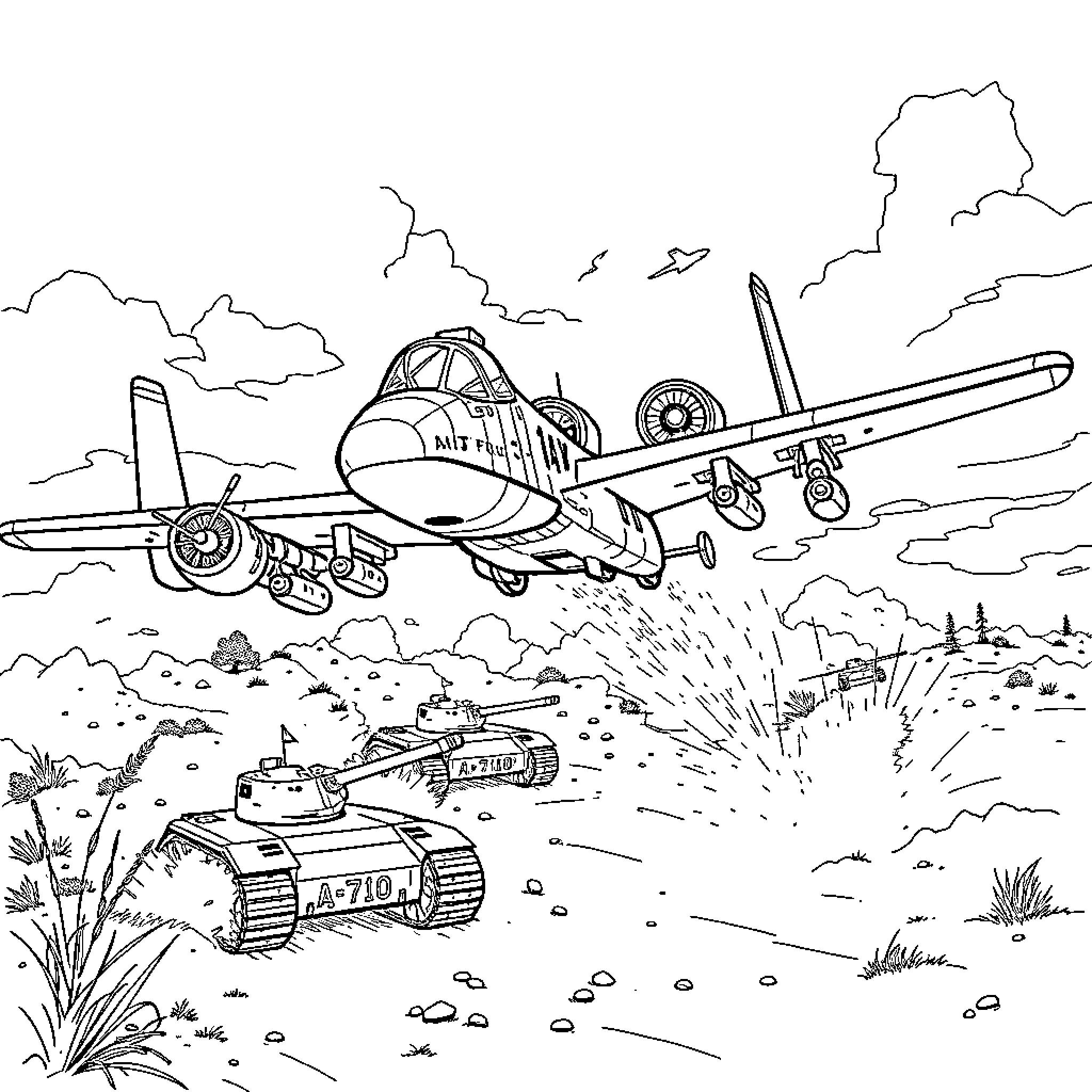 A-10 Warthog Attacking Ground Targets Coloring Page (free black-and-white line drawing printable PDF for all, from beginners to advanced learners, including children, teens, adults, and seniors)