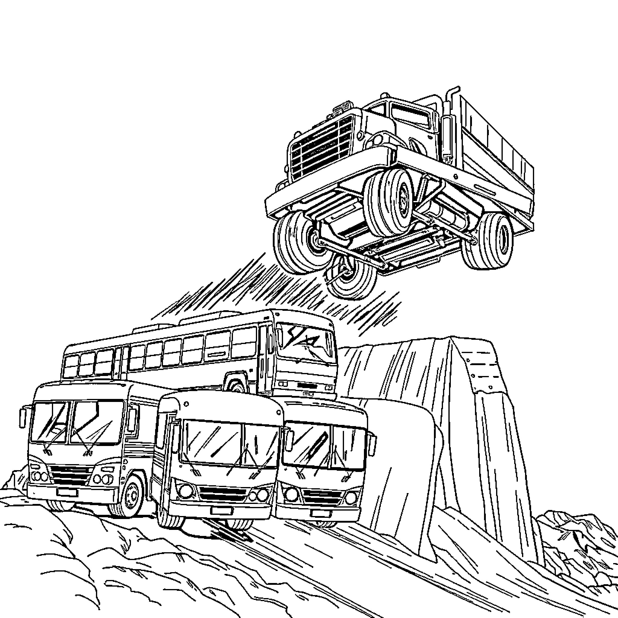 Truck transporting heavy load on rugged terrain Coloring Page (free black-and-white line drawing printable PDF for all, from beginners to advanced learners, including children, teens, adults, and seniors)