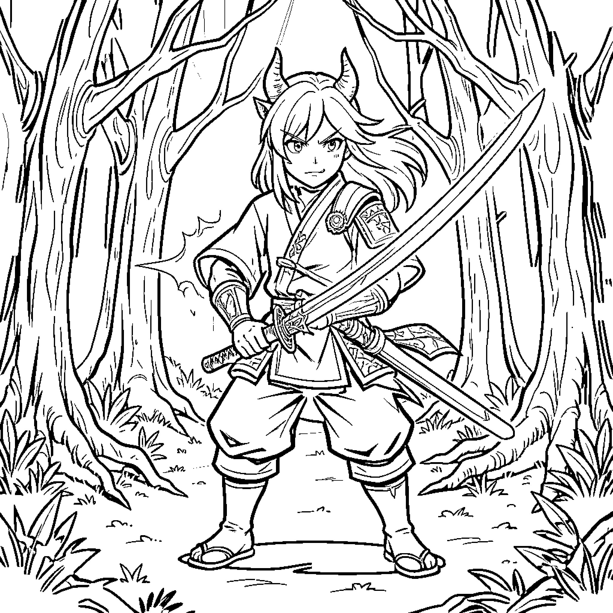 Demon Slayer in a Mysterious Forest Coloring Page (free black-and-white line drawing printable PDF for all, from beginners to advanced learners, including children, teens, adults, and seniors)