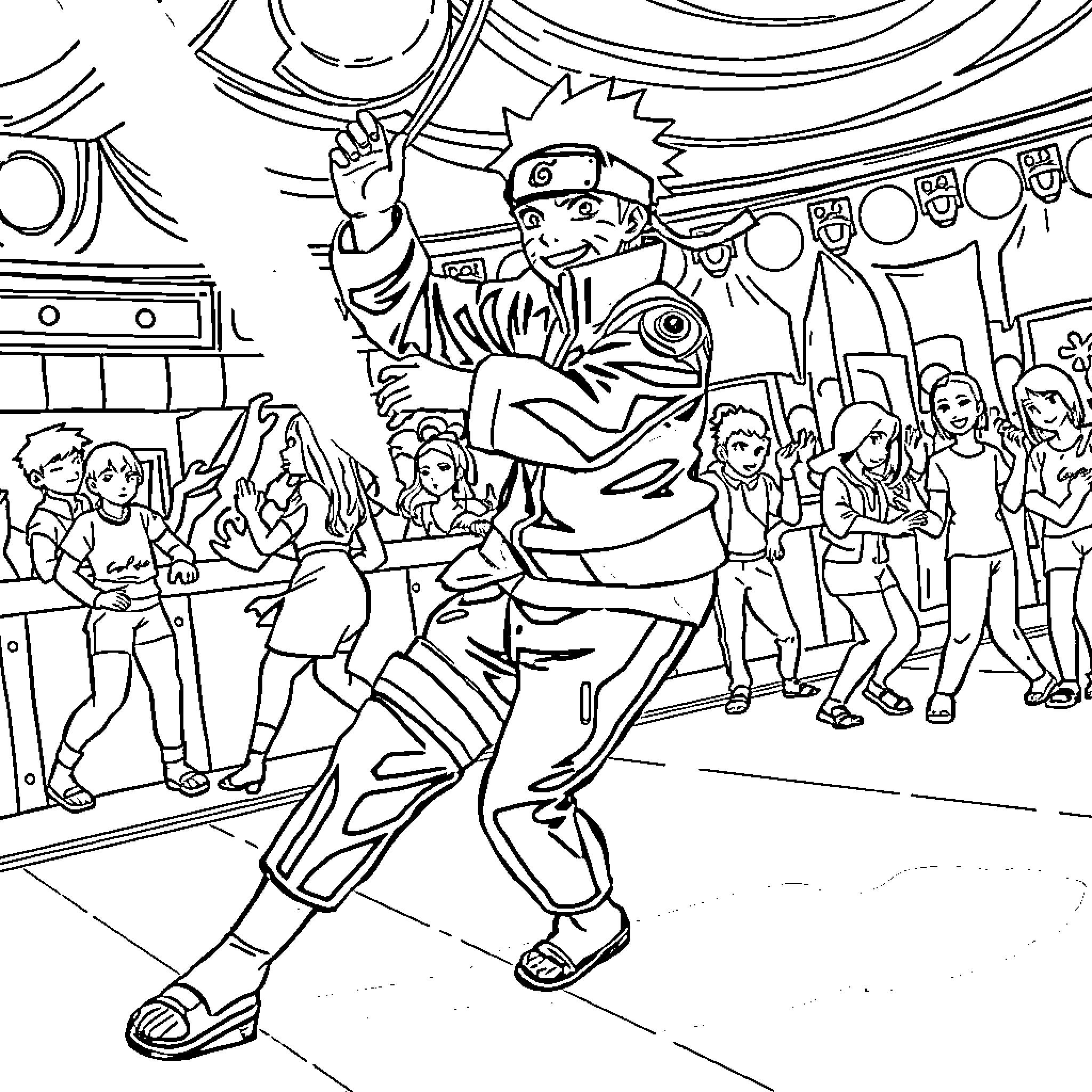 Naruto celebrates with friends in energetic performance Coloring Page (free black-and-white line drawing printable PDF for all, from beginners to advanced learners, including children, teens, adults, and seniors)