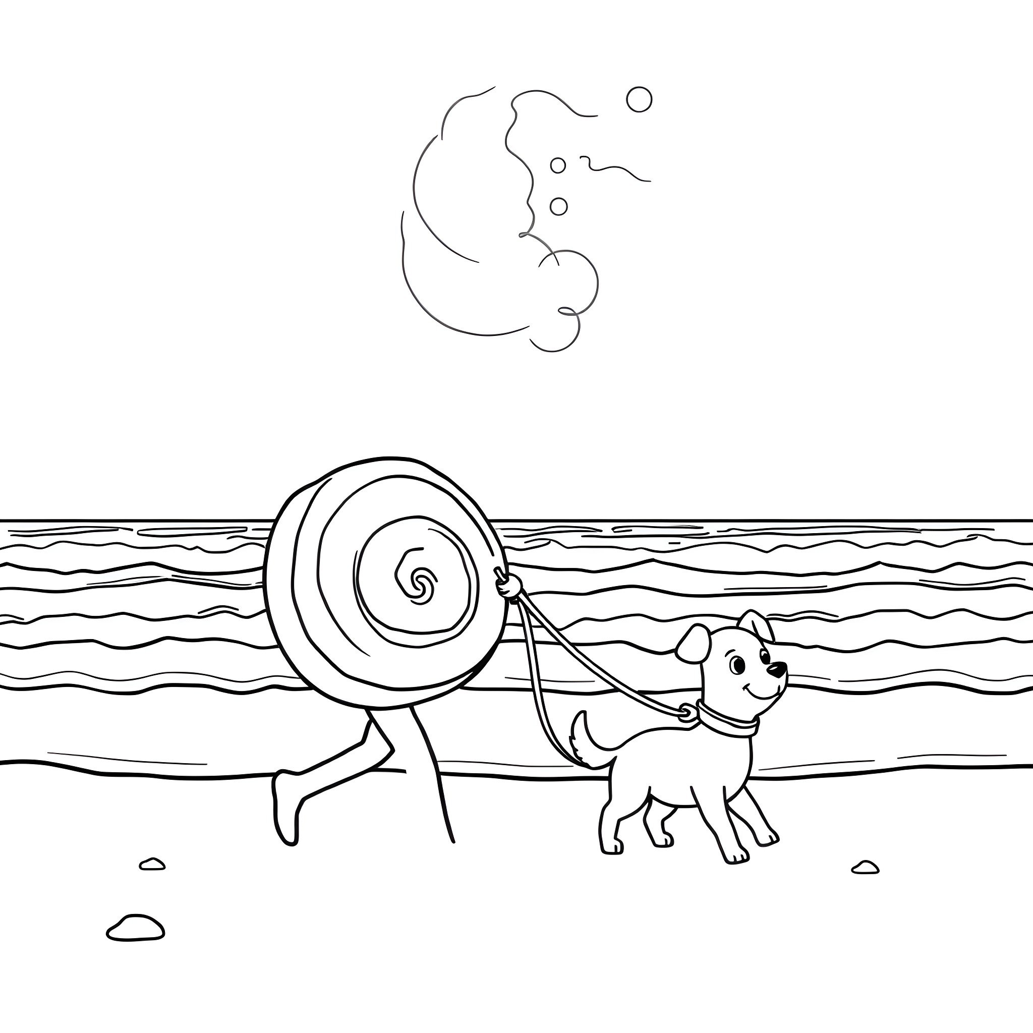Cinnamon Roll's Beach Adventure with Puppy Coloring Page (free black-and-white line drawing printable PDF for all, from beginners to advanced learners, including children, teens, adults, and seniors)