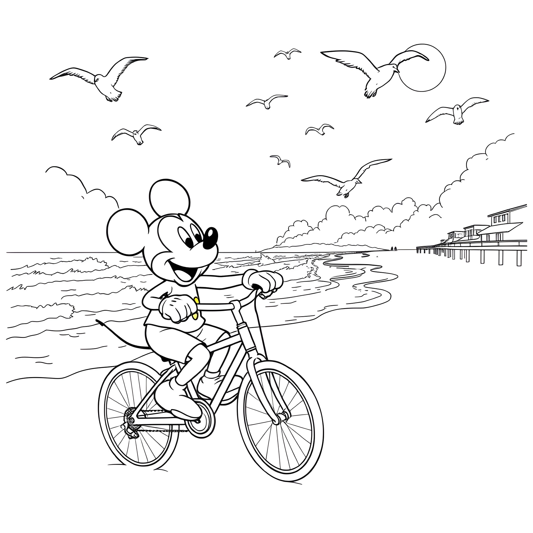Mickey Mouse riding a bicycle by the beach Coloring Page (free black-and-white line drawing printable PDF for all, from beginners to advanced learners, including children, teens, adults, and seniors)
