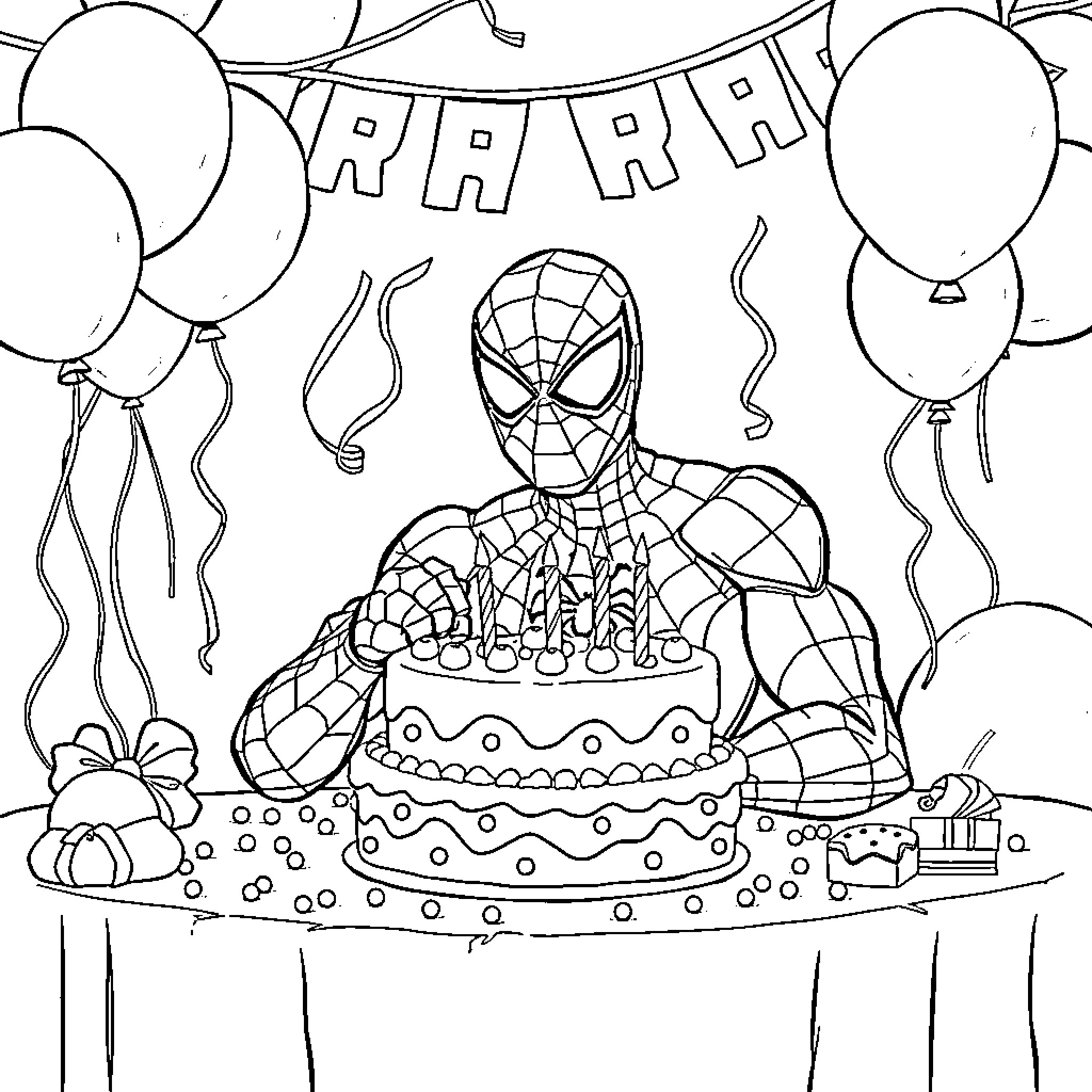 Spider-Man celebrates a birthday with cake and balloons Coloring Page (free black-and-white line drawing printable PDF for all, from beginners to advanced learners, including children, teens, adults, and seniors)