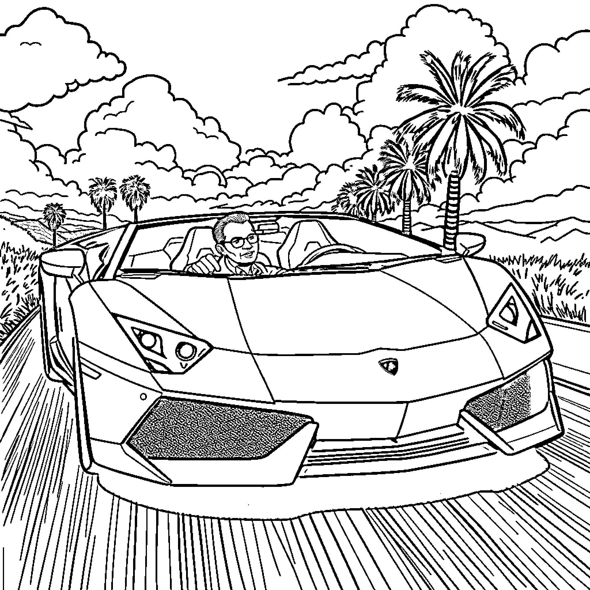 Lamborghini speeding through tropical landscape Coloring Page (free black-and-white line drawing printable PDF for all, from beginners to advanced learners, including children, teens, adults, and seniors)