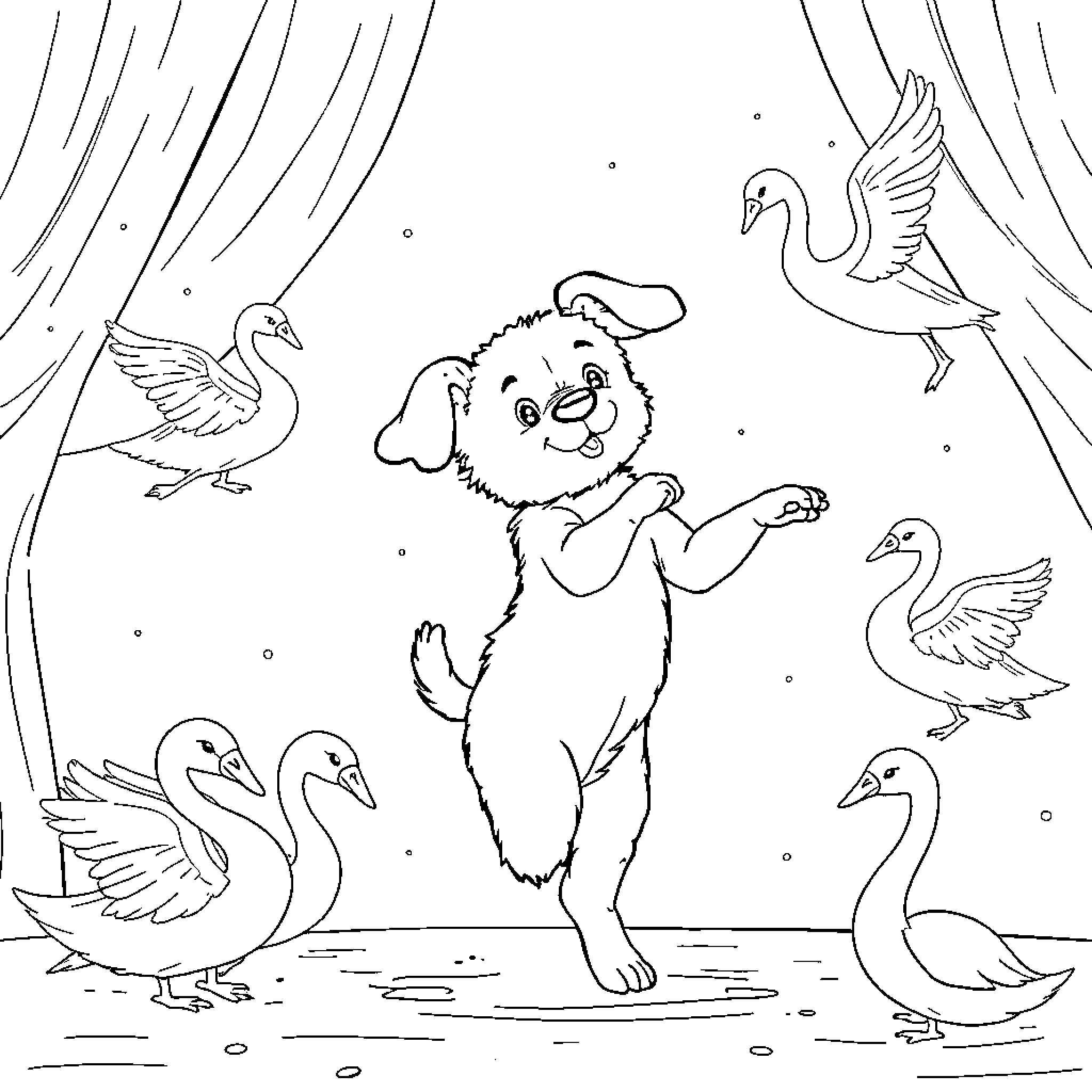 Puppy playing happily with swans in the starry night Coloring Page (free black-and-white line drawing printable PDF for all, from beginners to advanced learners, including children, teens, adults, and seniors)