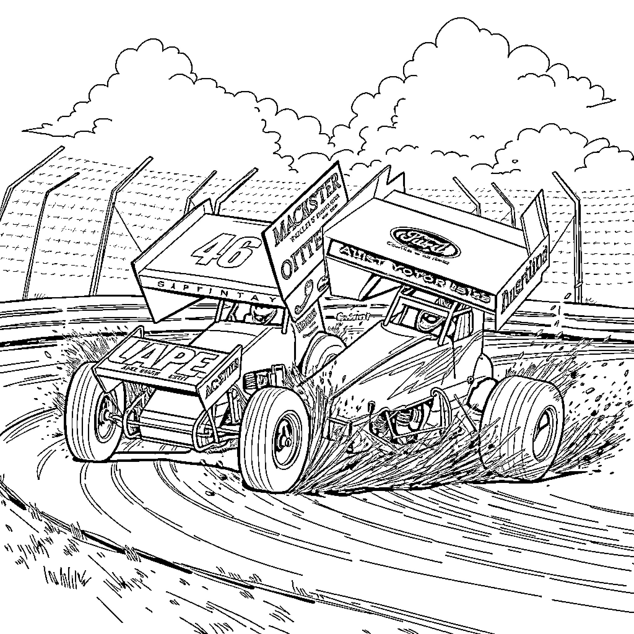 Sprint Car Racing on Dirt Track Coloring Page (free black-and-white line drawing printable PDF for all, from beginners to advanced learners, including children, teens, adults, and seniors)