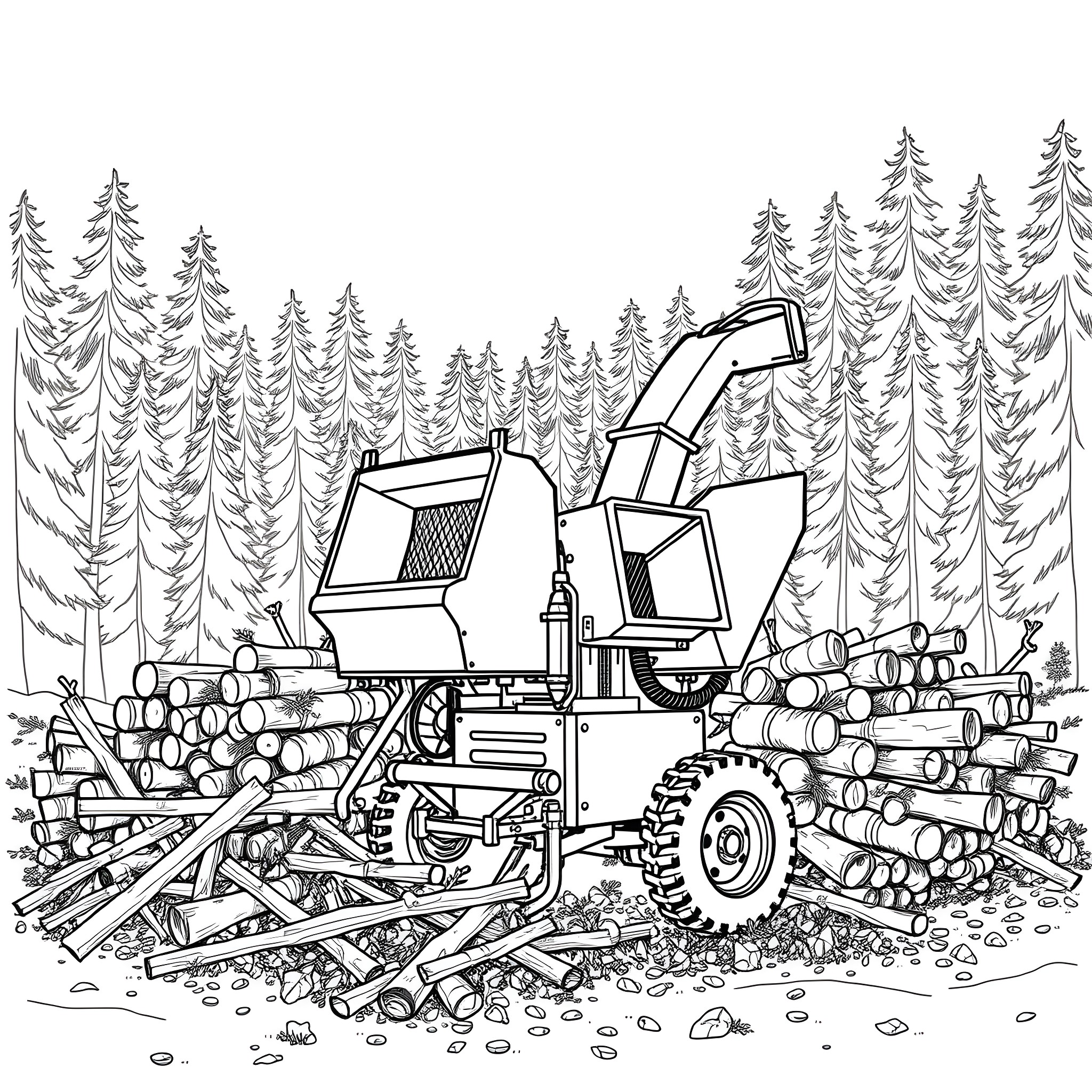 Wood Chipper at Work in Forested Scene Coloring Page (free black-and-white line drawing printable PDF for all, from beginners to advanced learners, including children, teens, adults, and seniors)