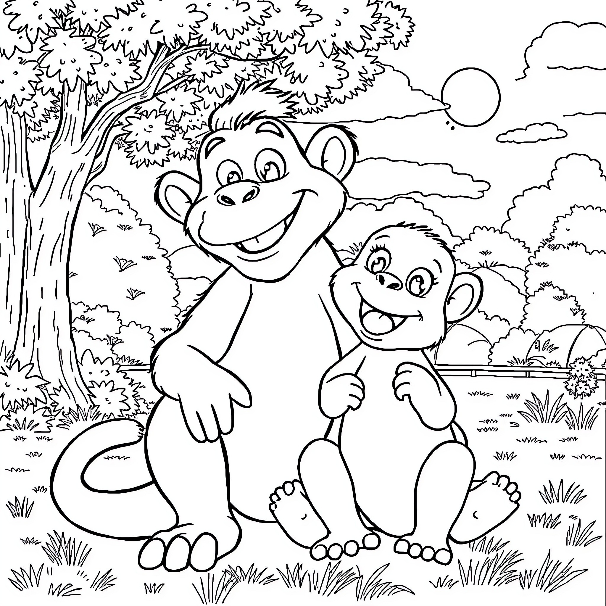 Ganball: Playful Monkey Friends in the Jungle Coloring Page (free black-and-white line drawing printable PDF for all, from beginners to advanced learners, including children, teens, adults, and seniors)