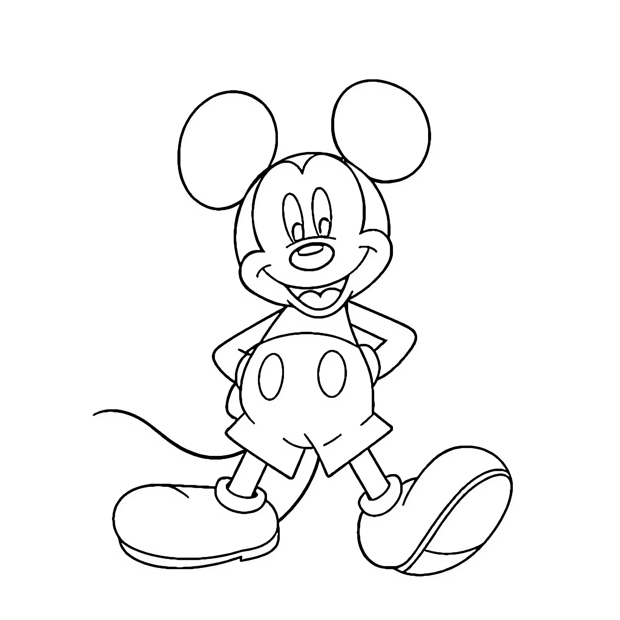 Mickey cheerfully posing in iconic outfit Coloring Page (free black-and-white line drawing printable PDF for all, from beginners to advanced learners, including children, teens, adults, and seniors)