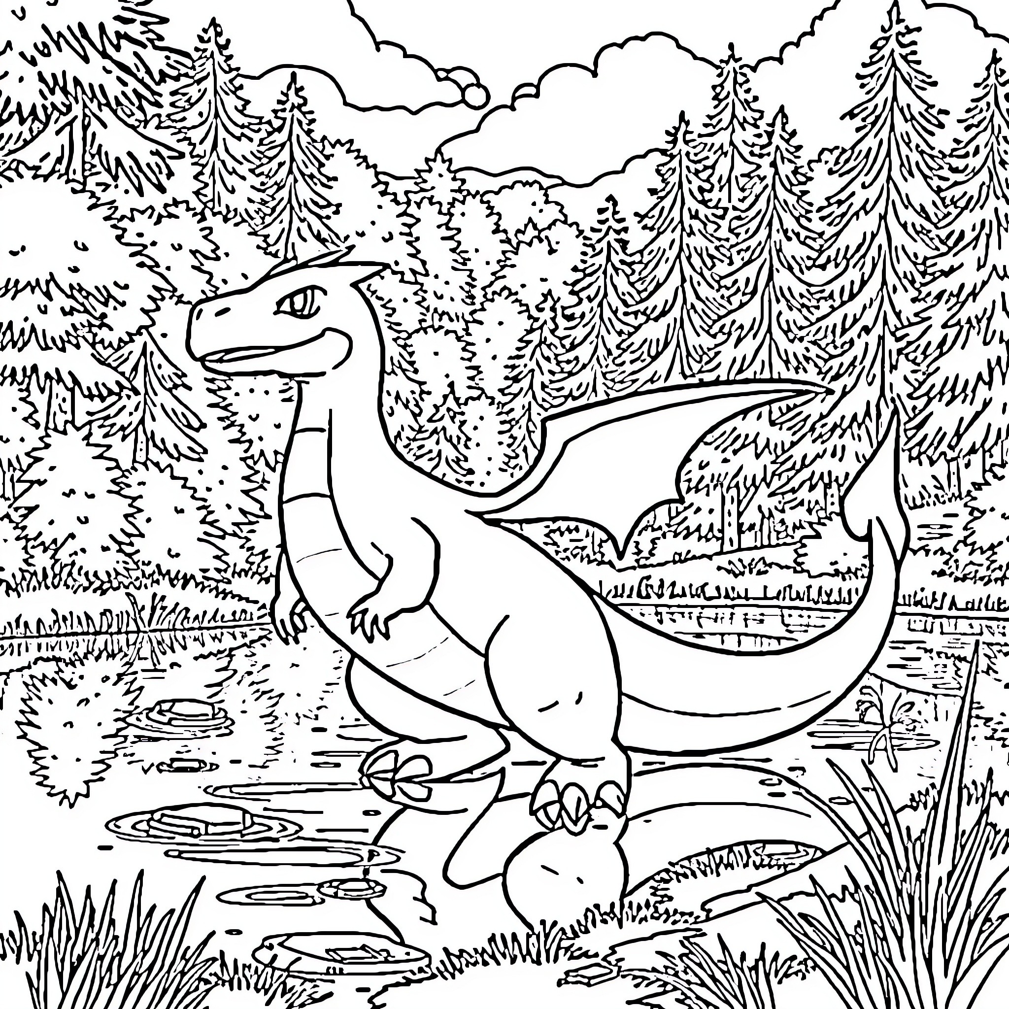 Charizard exploring the enchanted forest Coloring Page (free black-and-white line drawing printable PDF for all, from beginners to advanced learners, including children, teens, adults, and seniors)
