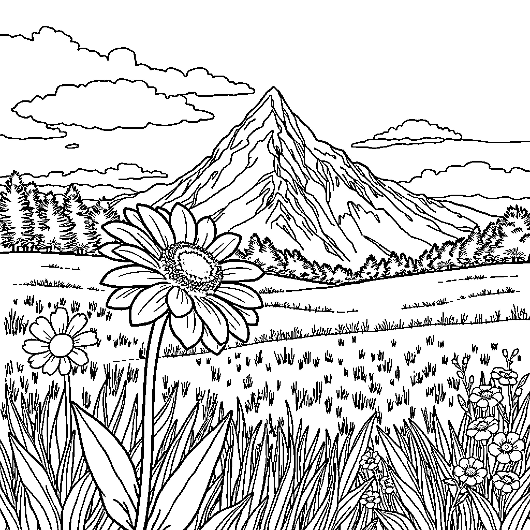 Flower Filled Mountain Landscape Coloring Page (free black-and-white line drawing printable PDF for all, from beginners to advanced learners, including children, teens, adults, and seniors)