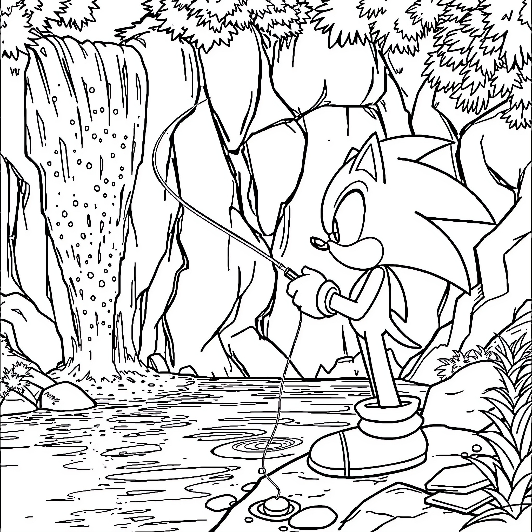 Sonic exploring the serene forest landscape Coloring Page (free black-and-white line drawing printable PDF for all, from beginners to advanced learners, including children, teens, adults, and seniors)