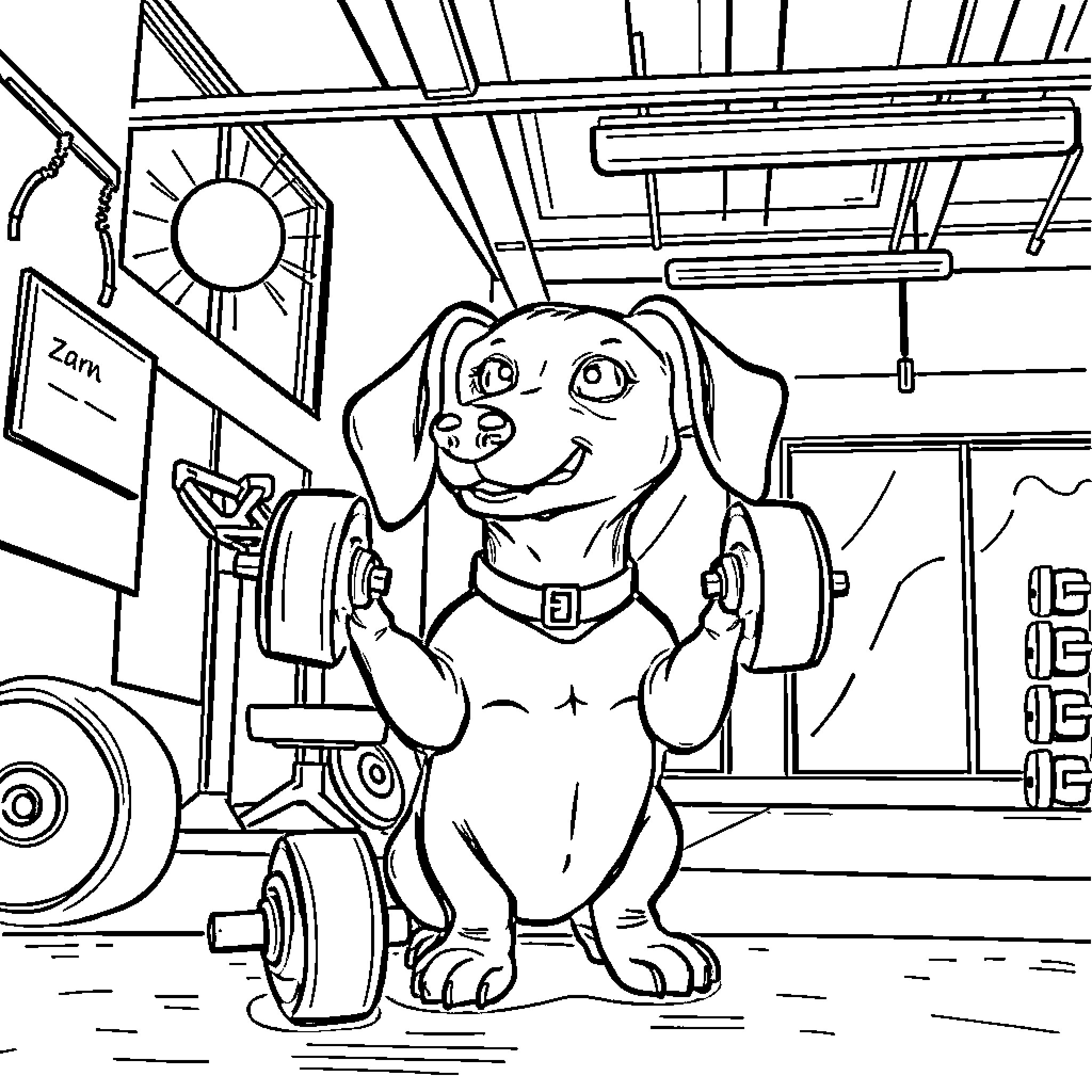 Dachshund in a Garage Workshop Coloring Page (free black-and-white line drawing printable PDF for all, from beginners to advanced learners, including children, teens, adults, and seniors)