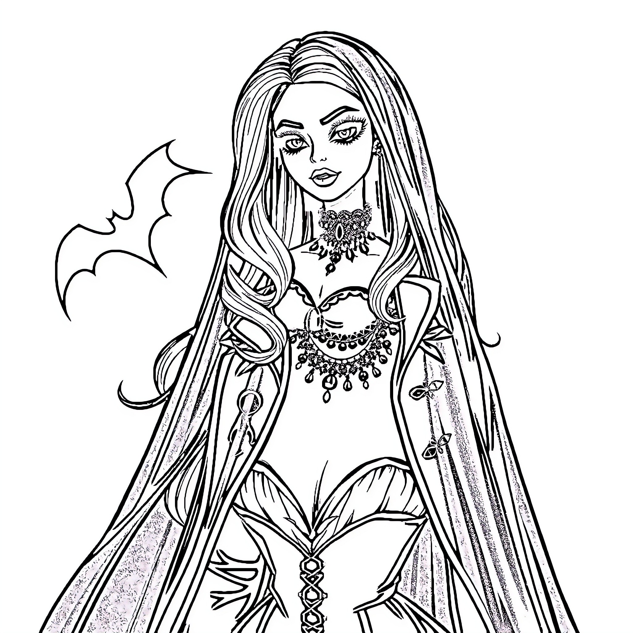 Barbie in Elegant Gothic Attire Coloring Page (free black-and-white line drawing printable PDF for all, from beginners to advanced learners, including children, teens, adults, and seniors)