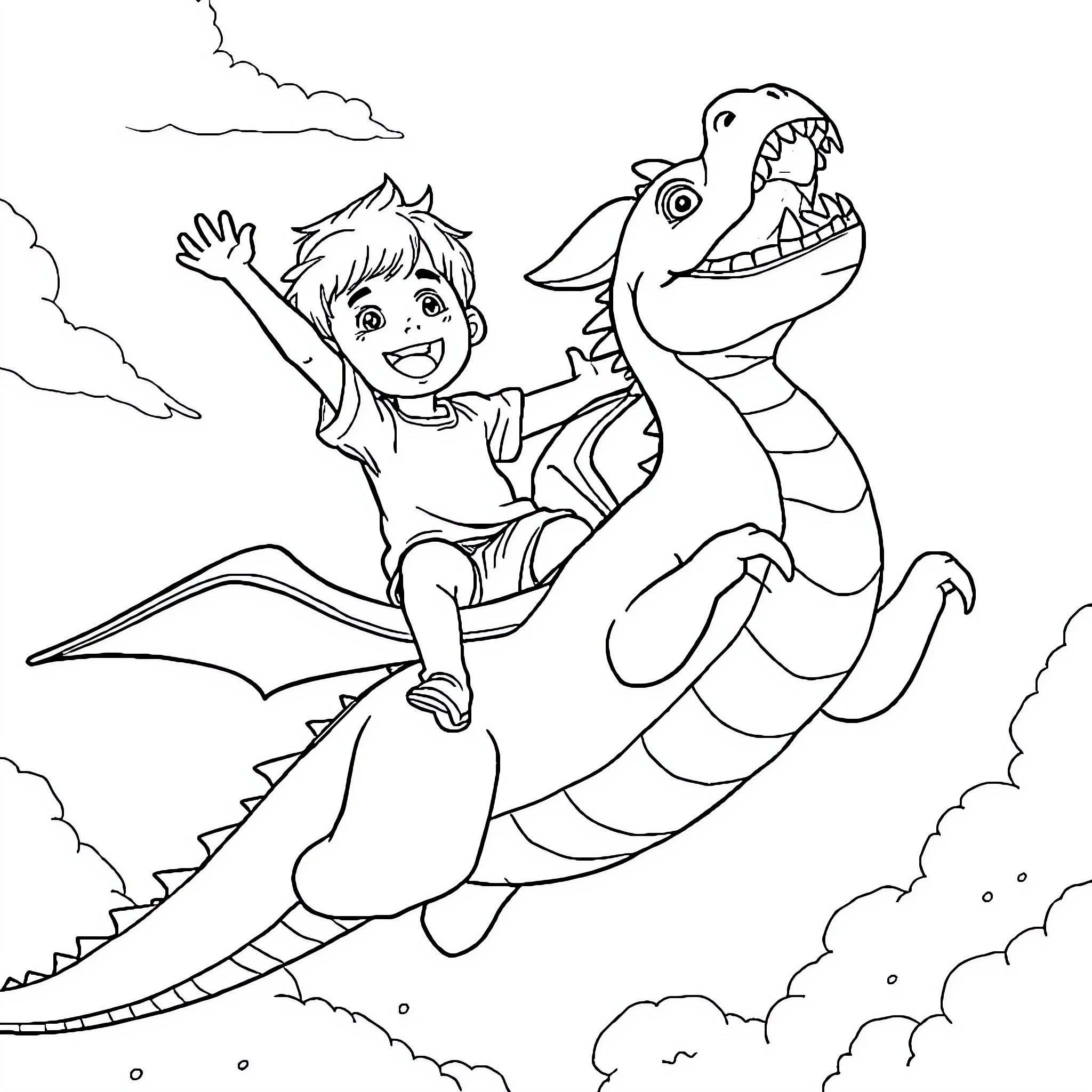 Boy riding and playing with a friendly dragon Coloring Page (free black-and-white line drawing printable PDF for all, from beginners to advanced learners, including children, teens, adults, and seniors)