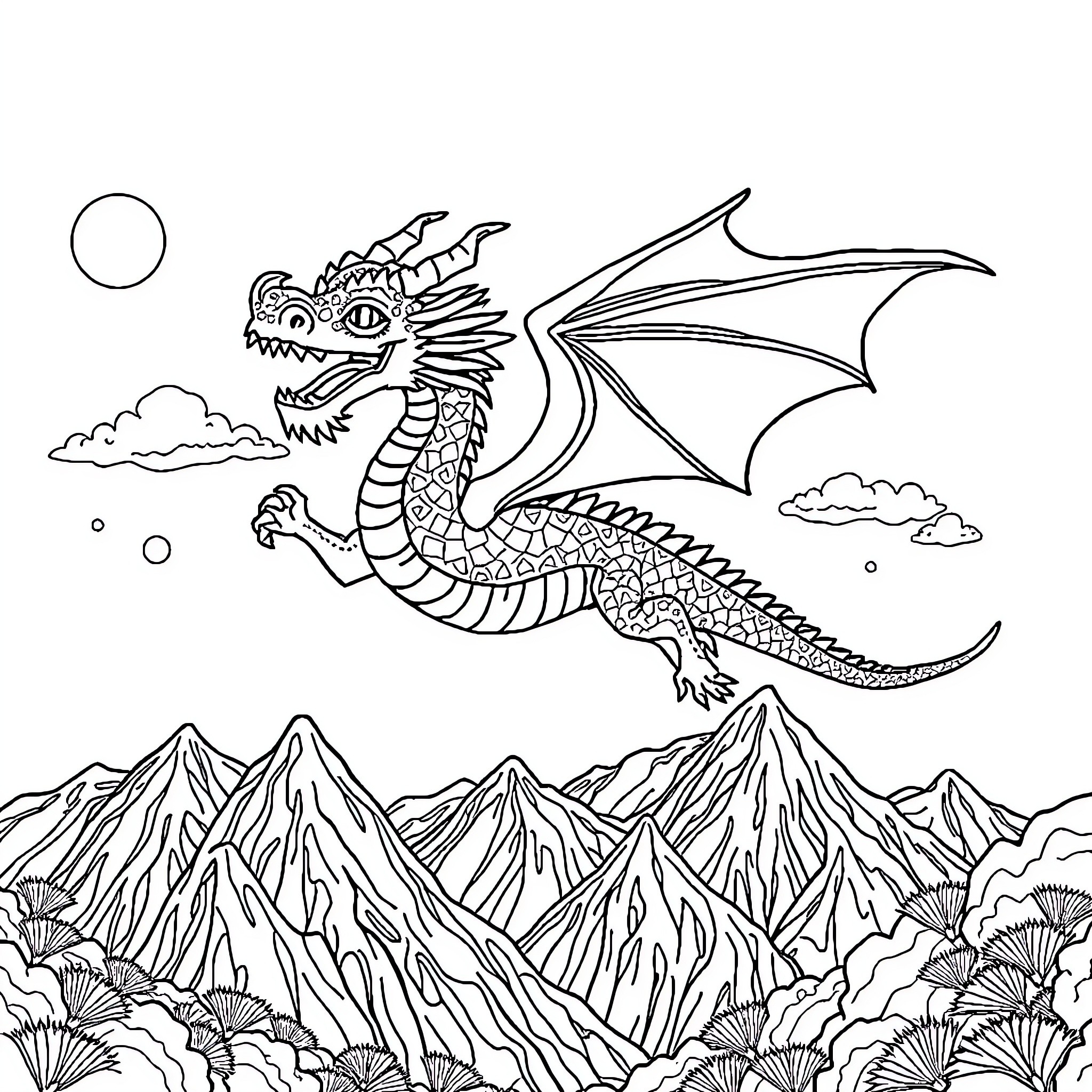 Dragon flying over majestic mountains Coloring Page (free black-and-white line drawing printable PDF for all, from beginners to advanced learners, including children, teens, adults, and seniors)