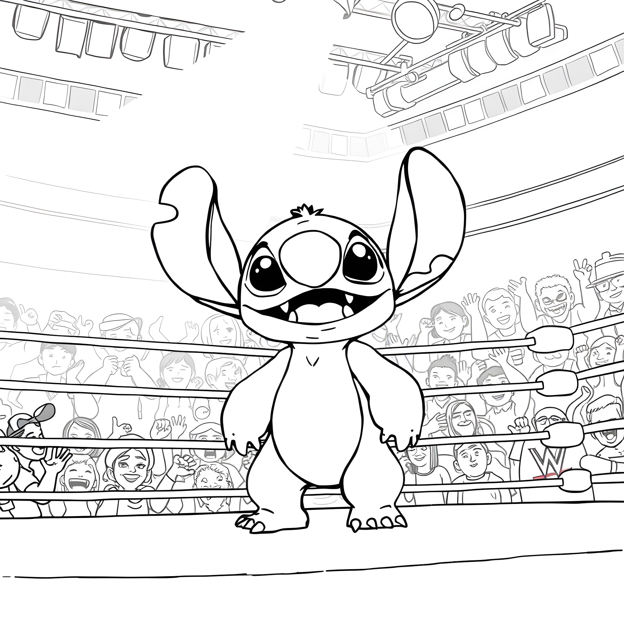 Stitch cheering in the wrestling arena Coloring Page (free black-and-white line drawing printable PDF for all, from beginners to advanced learners, including children, teens, adults, and seniors)
