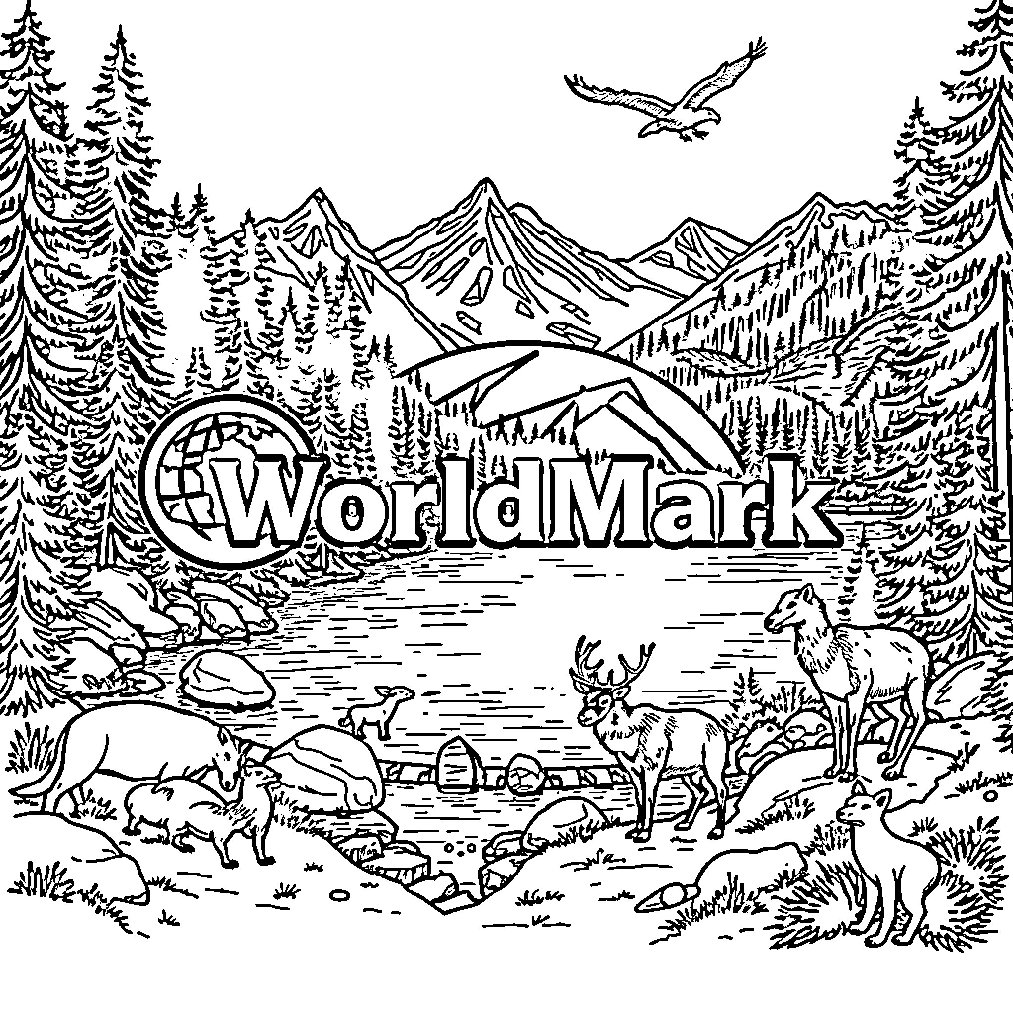 Animal wilderness scene with World logo Coloring Page (free black-and-white line drawing printable PDF for all, from beginners to advanced learners, including children, teens, adults, and seniors)