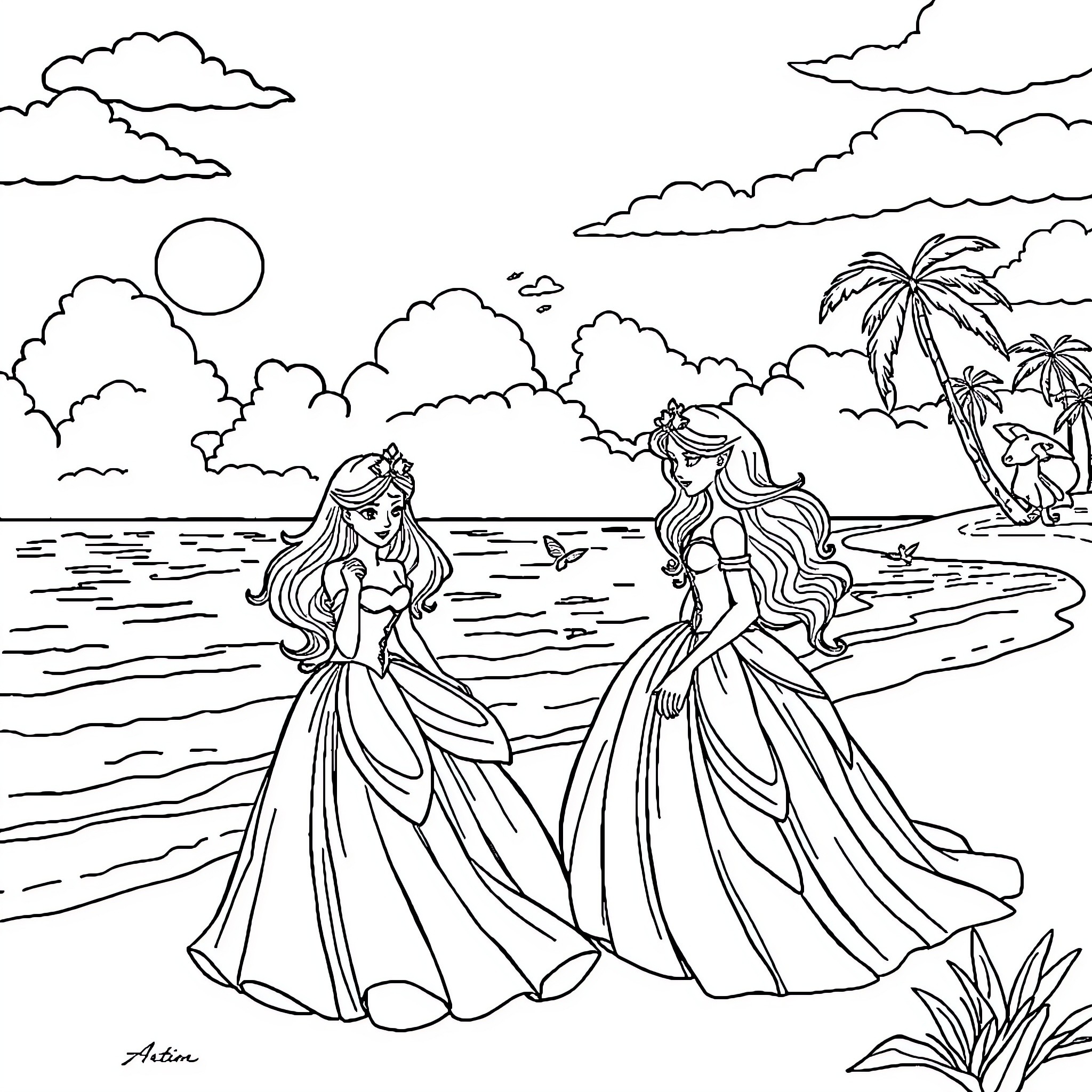 Princess friends enjoy a sunny beach day Coloring Page (free black-and-white line drawing printable PDF for all, from beginners to advanced learners, including children, teens, adults, and seniors)