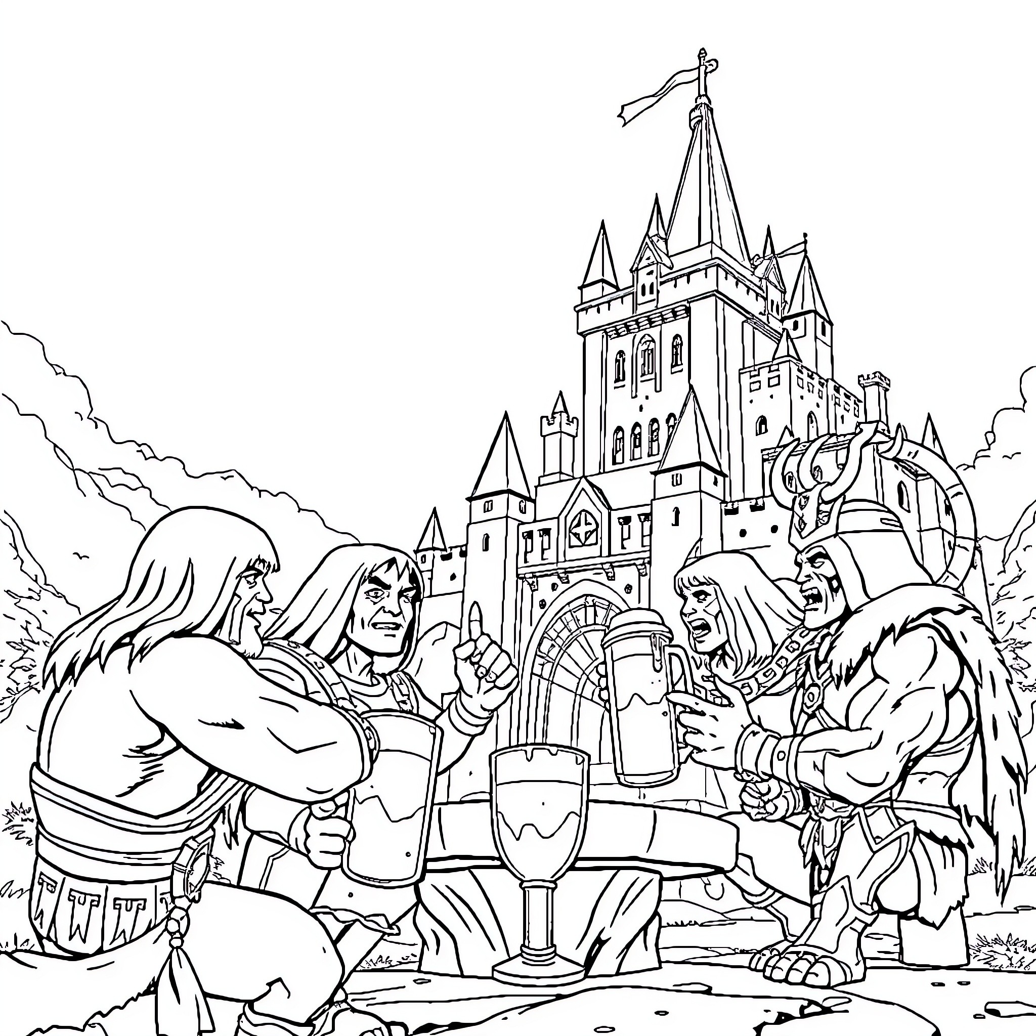 He-Man and Friends Defend the Castle Coloring Page (free black-and-white line drawing printable PDF for all, from beginners to advanced learners, including children, teens, adults, and seniors)
