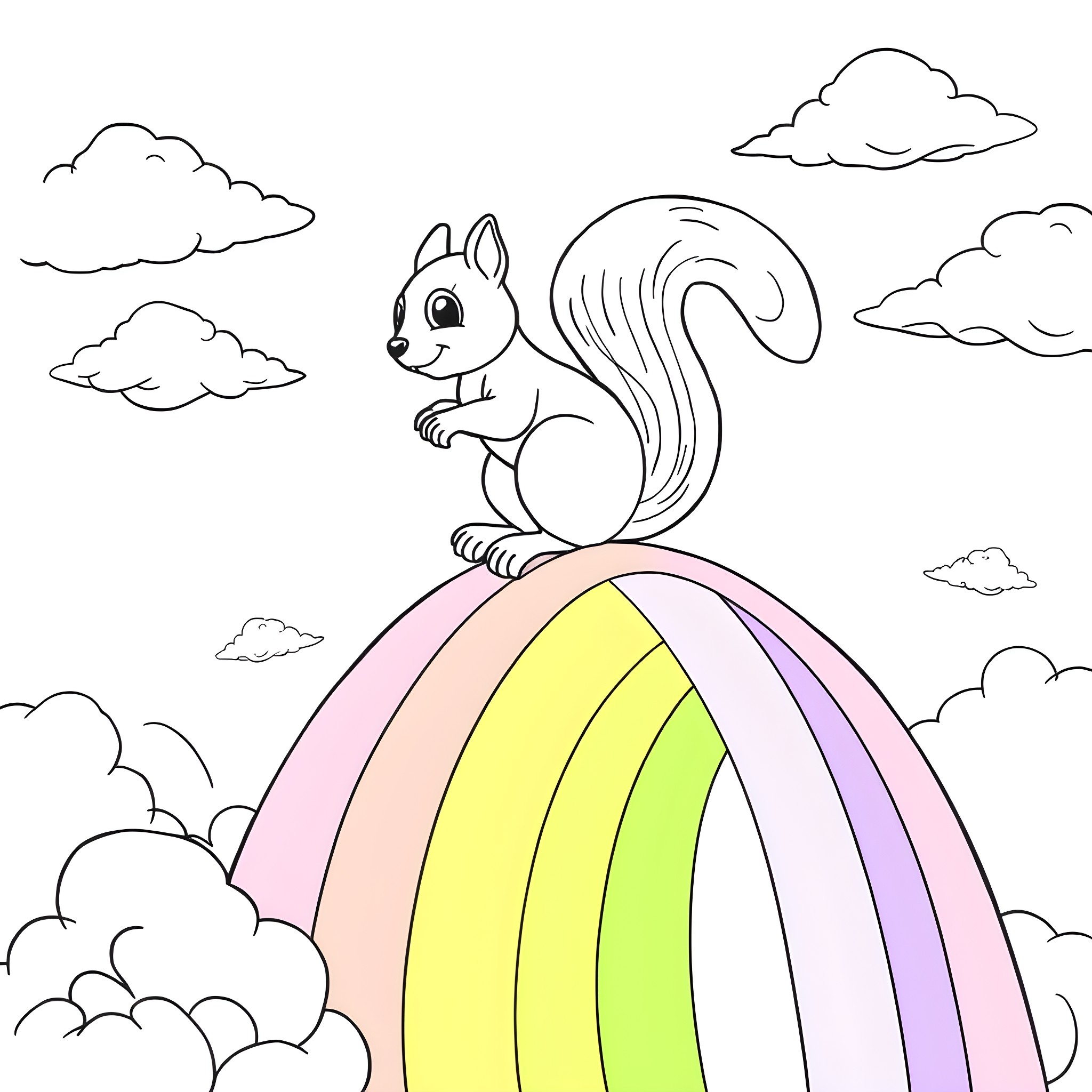 Squirrel enjoying a colorful rainbow view Coloring Page (free black-and-white line drawing printable PDF for all, from beginners to advanced learners, including children, teens, adults, and seniors)
