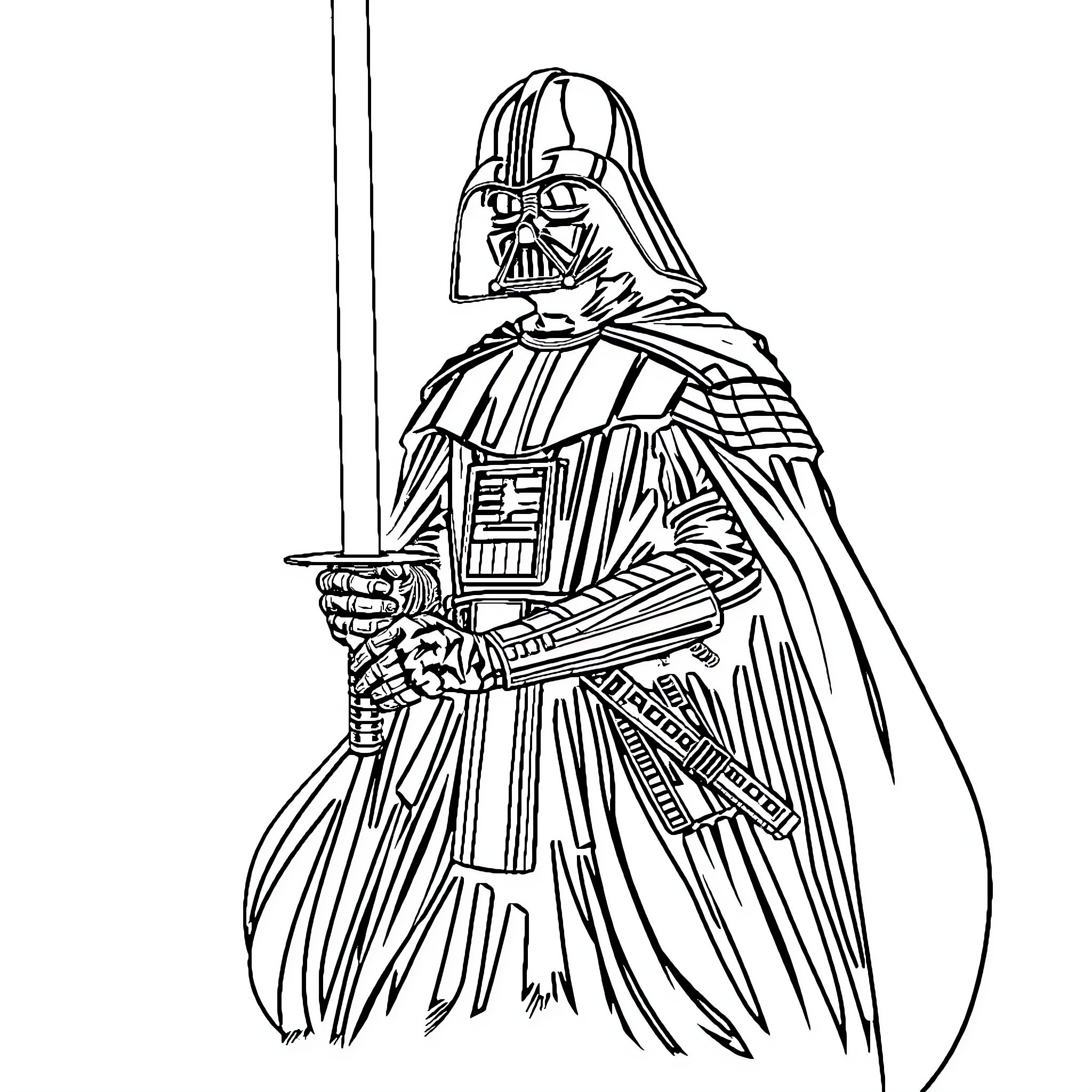 Darth Vader's Imposing Presence in the Dark Coloring Page (free black-and-white line drawing printable PDF for all, from beginners to advanced learners, including children, teens, adults, and seniors)