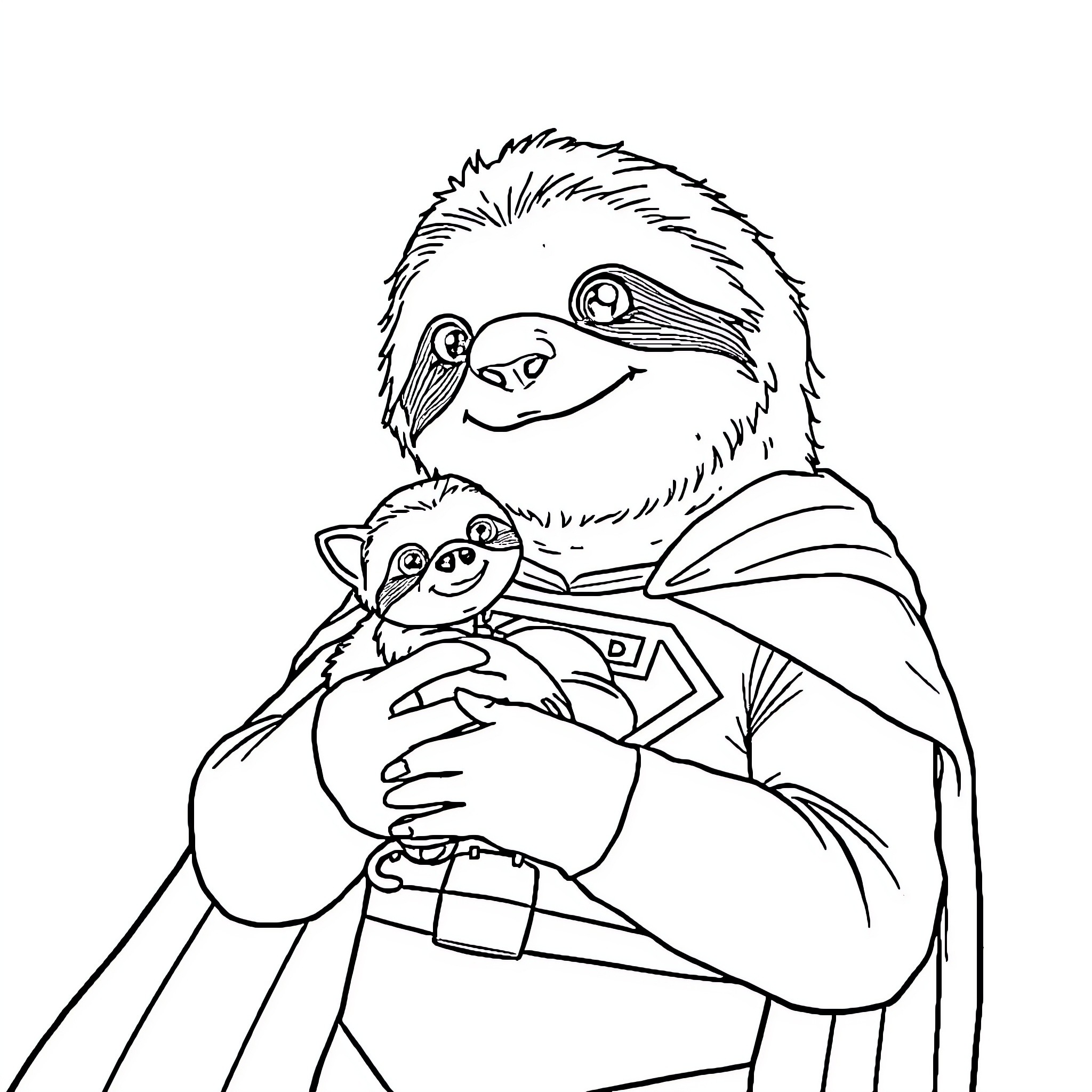 Sloth Embracing a Tiny Companion Coloring Page (free black-and-white line drawing printable PDF for all, from beginners to advanced learners, including children, teens, adults, and seniors)