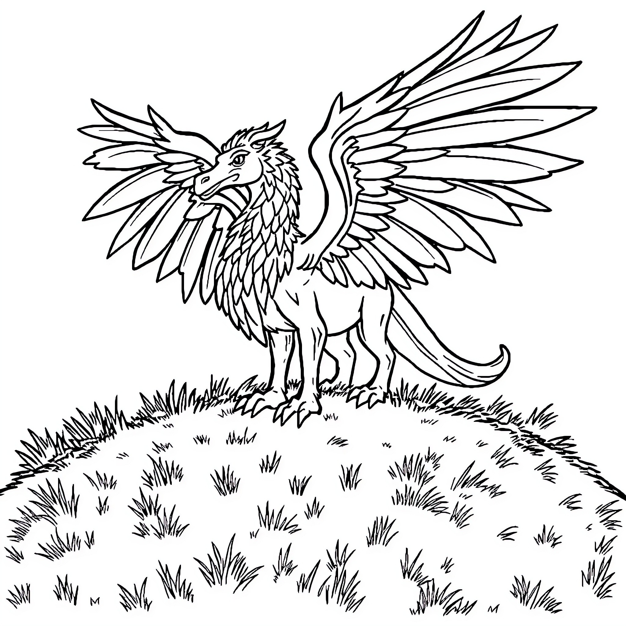 Hippogriff soaring gracefully over the grassy field Coloring Page (free black-and-white line drawing printable PDF for all, from beginners to advanced learners, including children, teens, adults, and seniors)