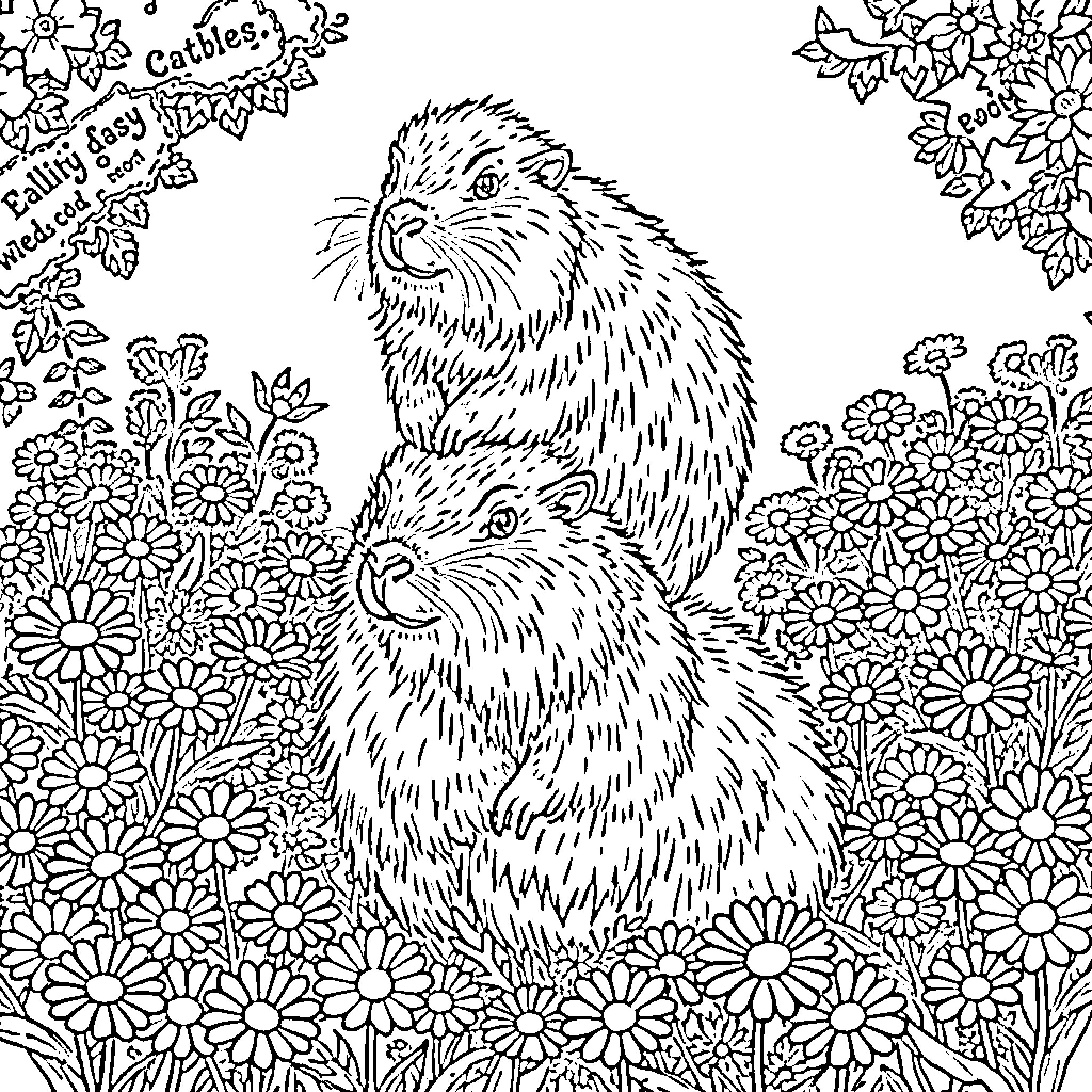 Capybara resting peacefully in a floral meadow Coloring Page (free black-and-white line drawing printable PDF for all, from beginners to advanced learners, including children, teens, adults, and seniors)