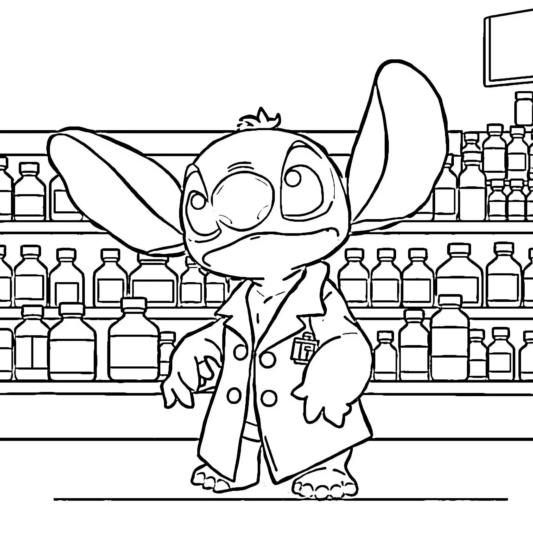 Stitch exploring a laboratory setting Coloring Page (free black-and-white line drawing printable PDF for all, from beginners to advanced learners, including children, teens, adults, and seniors)