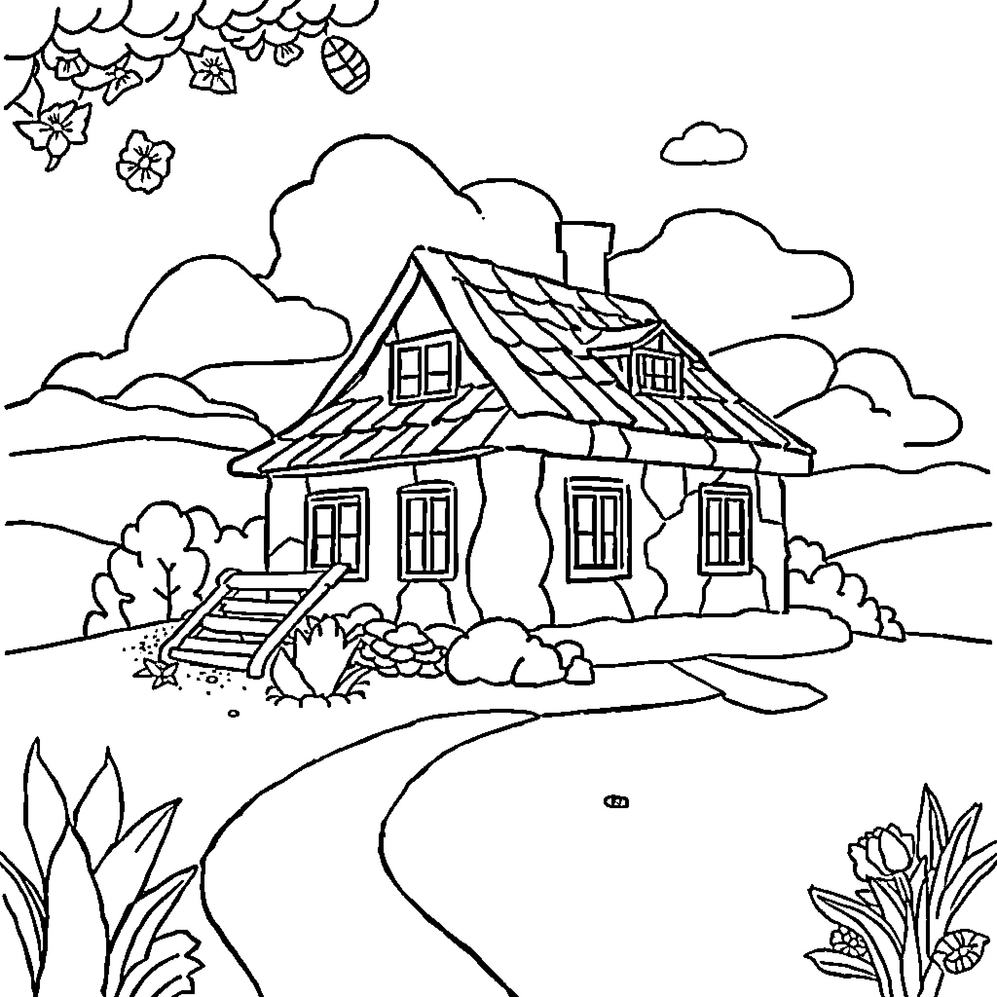 Farm house surrounded by nature Coloring Page (free black-and-white line drawing printable PDF for all, from beginners to advanced learners, including children, teens, adults, and seniors)