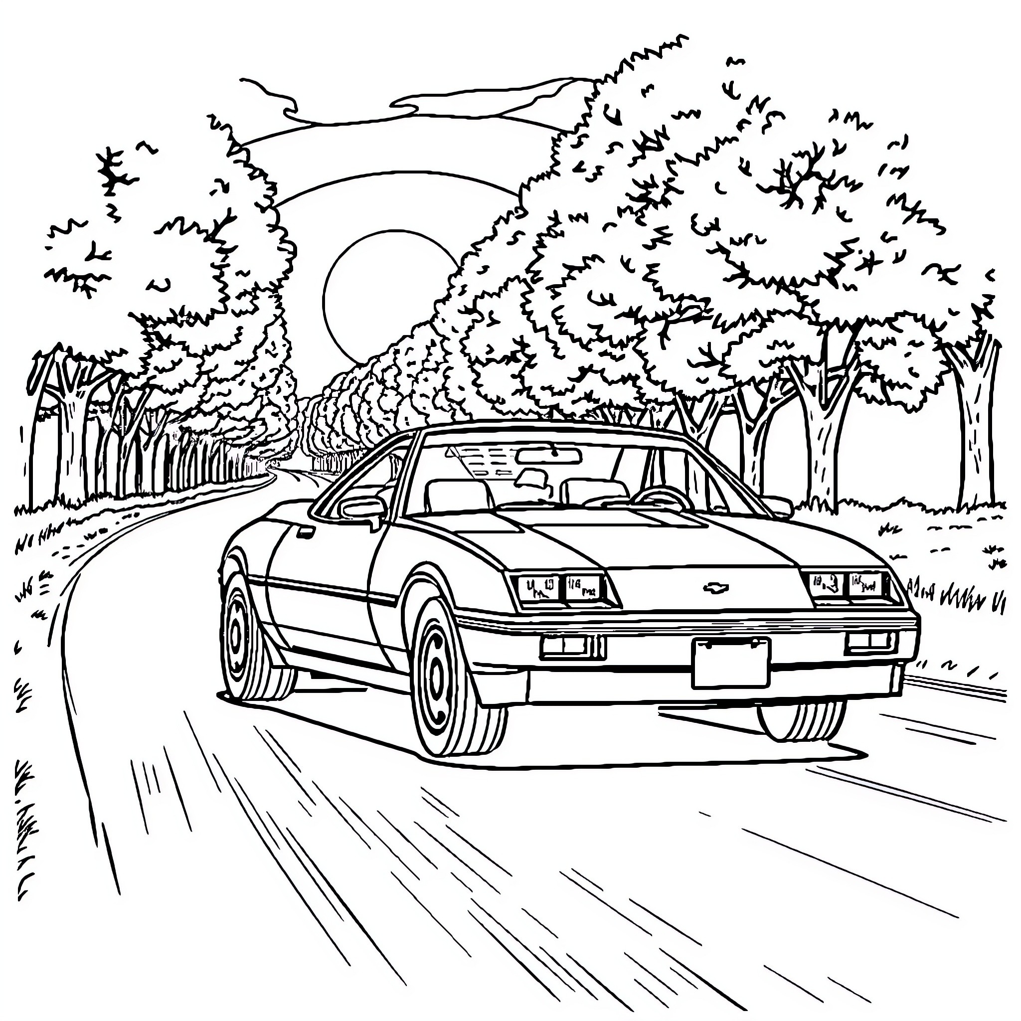 Chevrolet Chevette speeding down a rural road Coloring Page (free black-and-white line drawing printable PDF for all, from beginners to advanced learners, including children, teens, adults, and seniors)