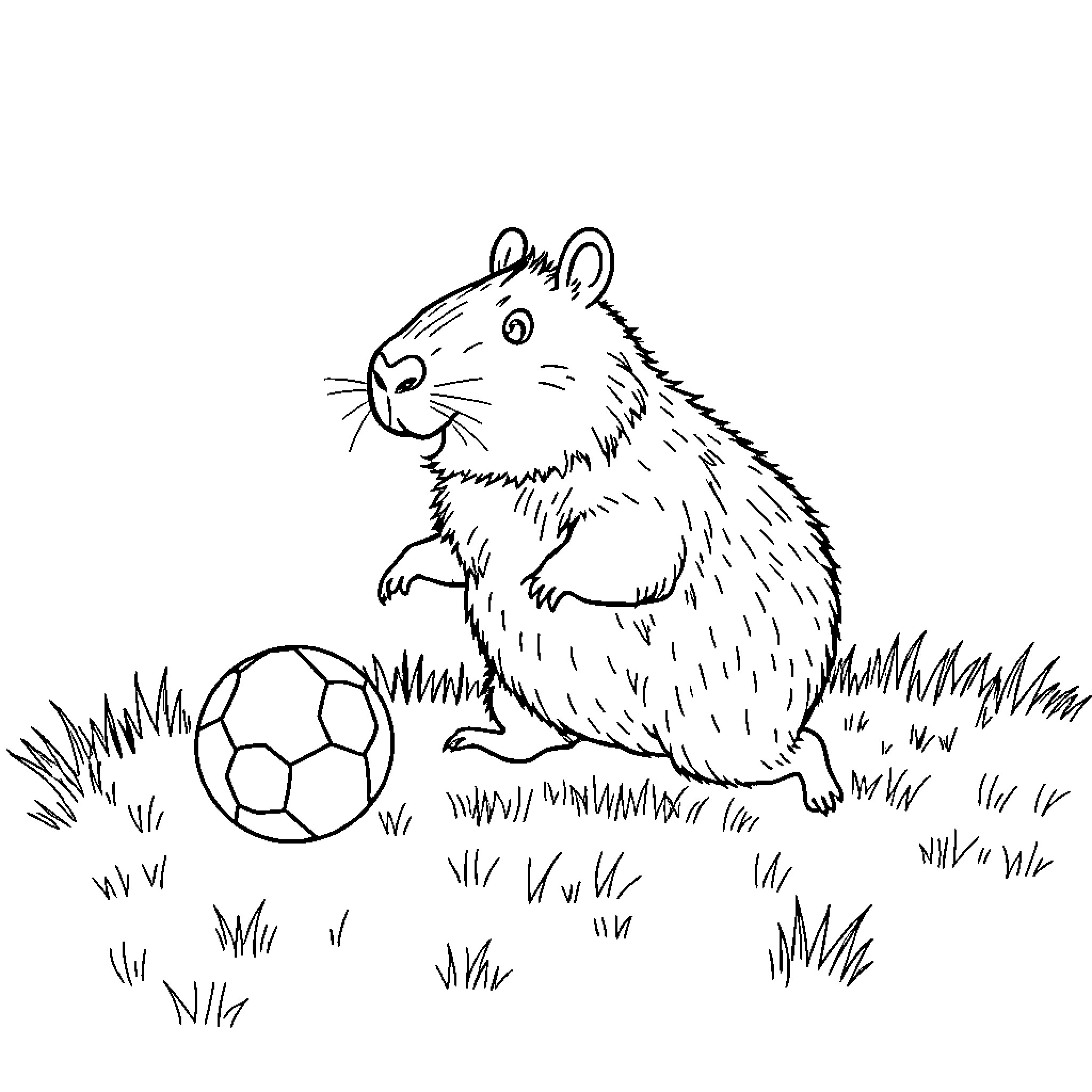 Capybara playing with a soccer ball in the grass Coloring Page (free black-and-white line drawing printable PDF for all, from beginners to advanced learners, including children, teens, adults, and seniors)